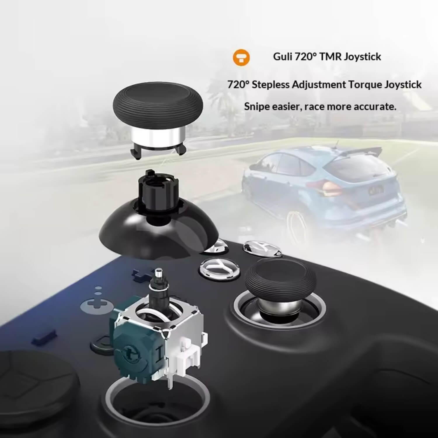 Un módulo de joystick con mecánica detallada y un coche de fondo.