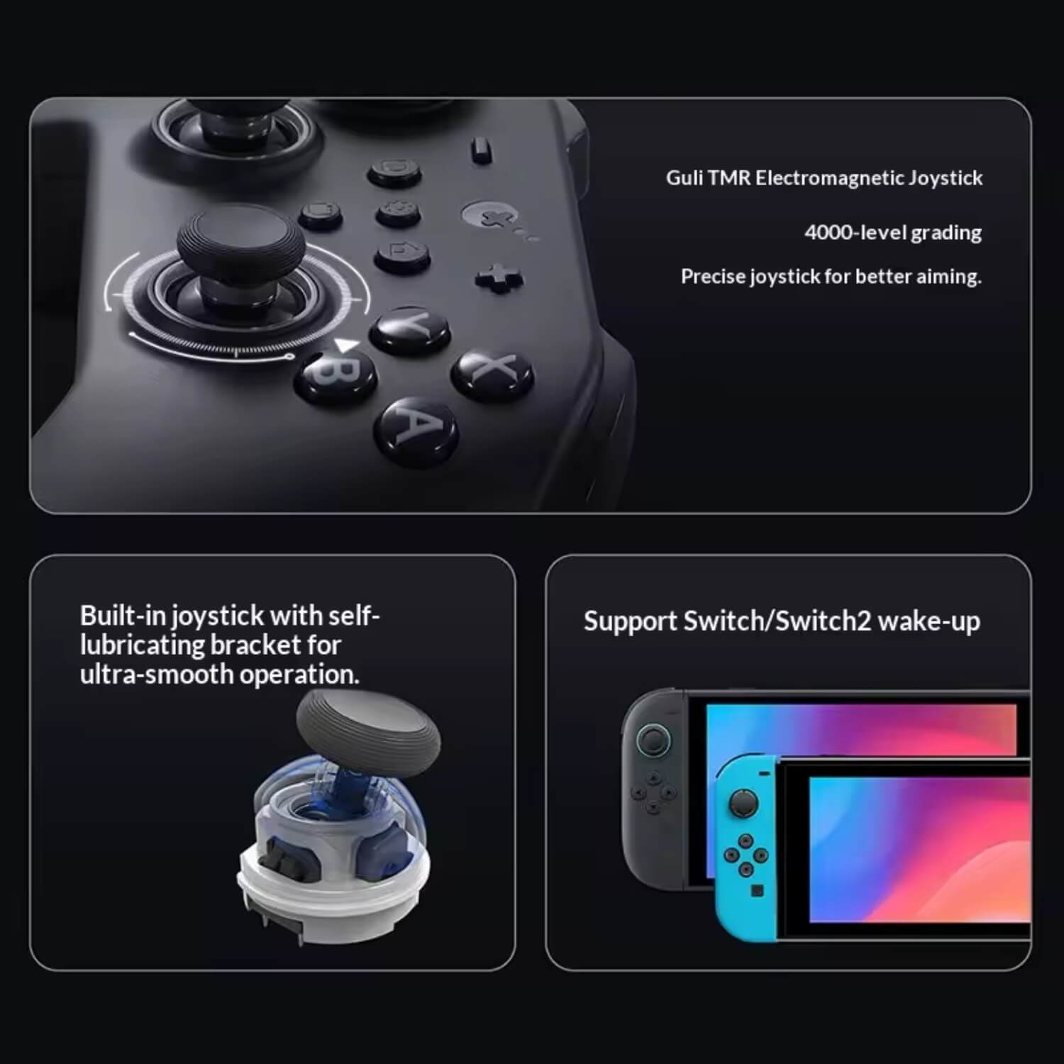 Un mando de juego negro con joysticks, botones y texto sobre sus características.