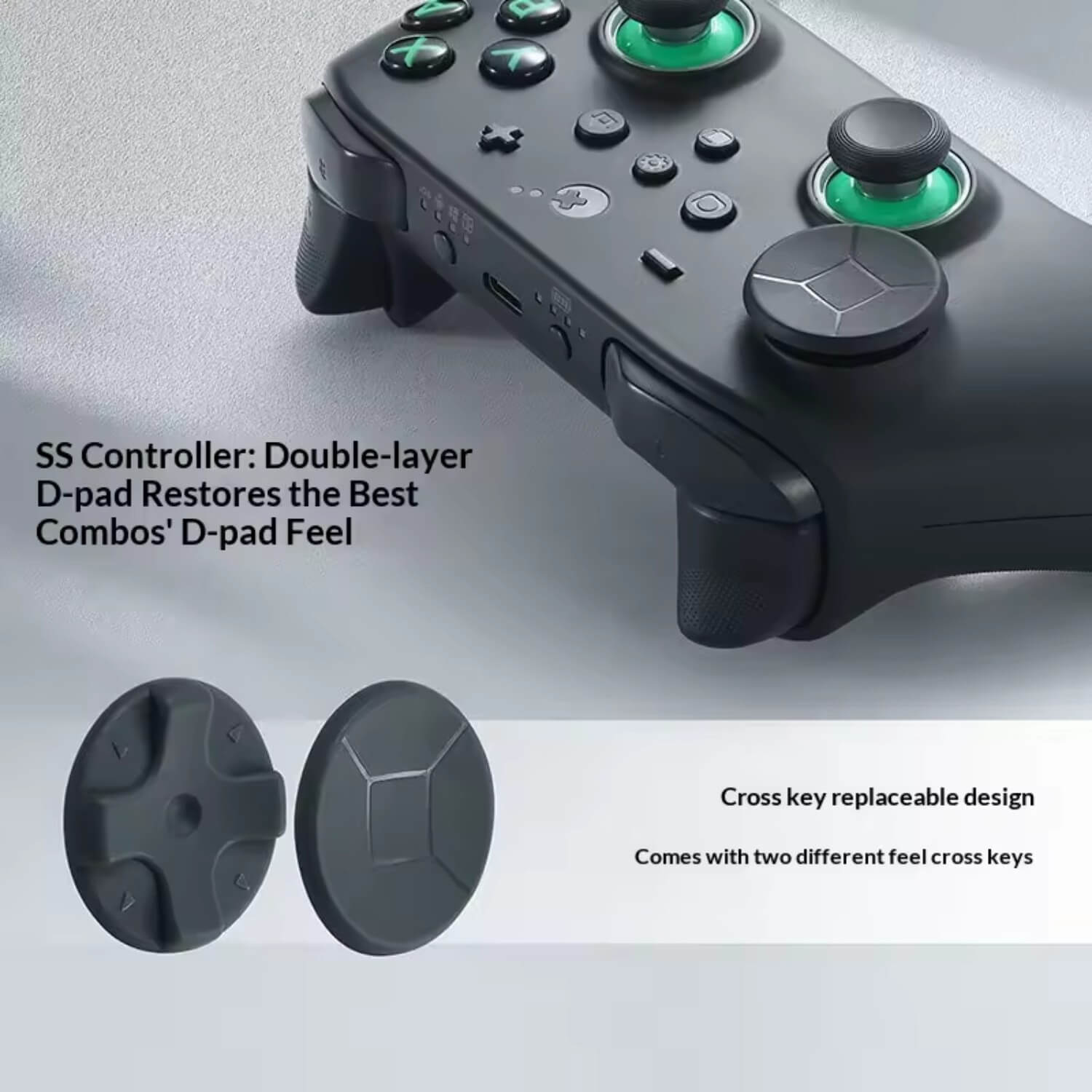 Controlador negro con acentos verdes y dos D-pads intercambiables.