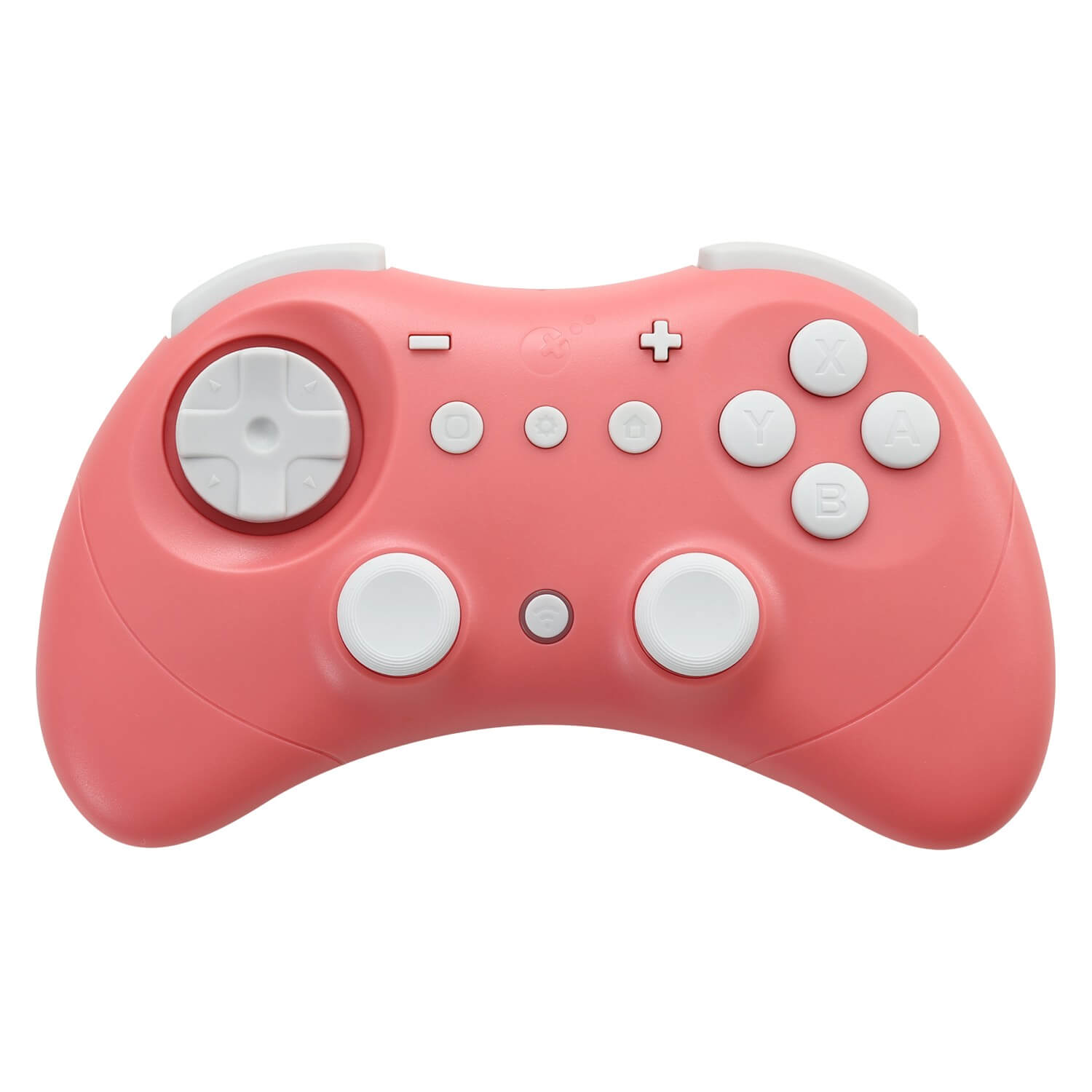 Un mando de juego color coral con botones y crucetas blancos.