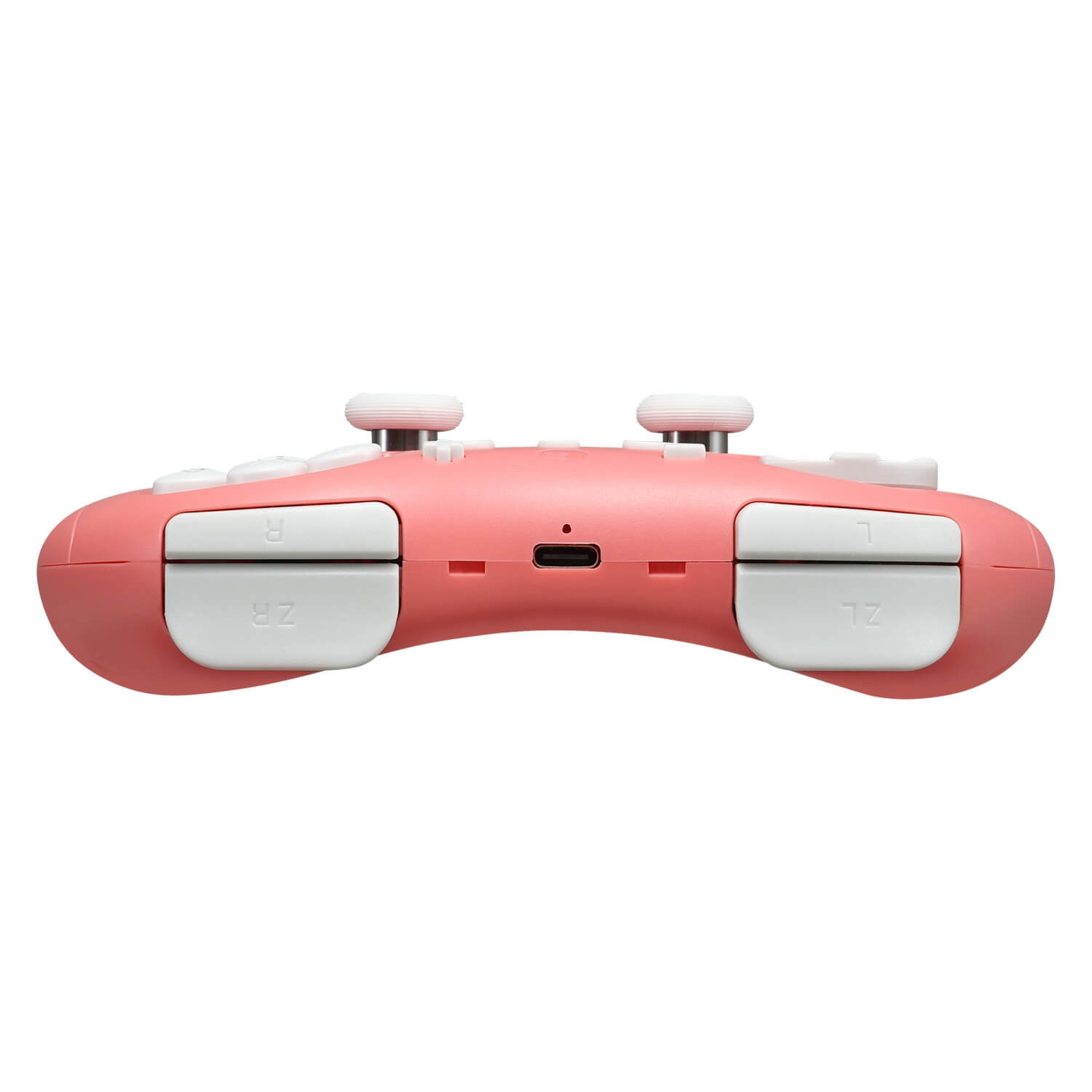 Un mando de juego rosa coral con botones y joysticks blancos.