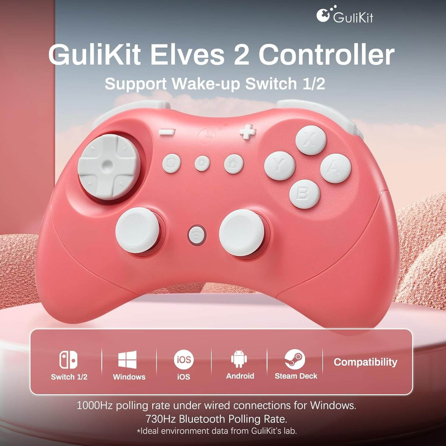 Un controlador GuliKit Elves 2 rosa con botones.