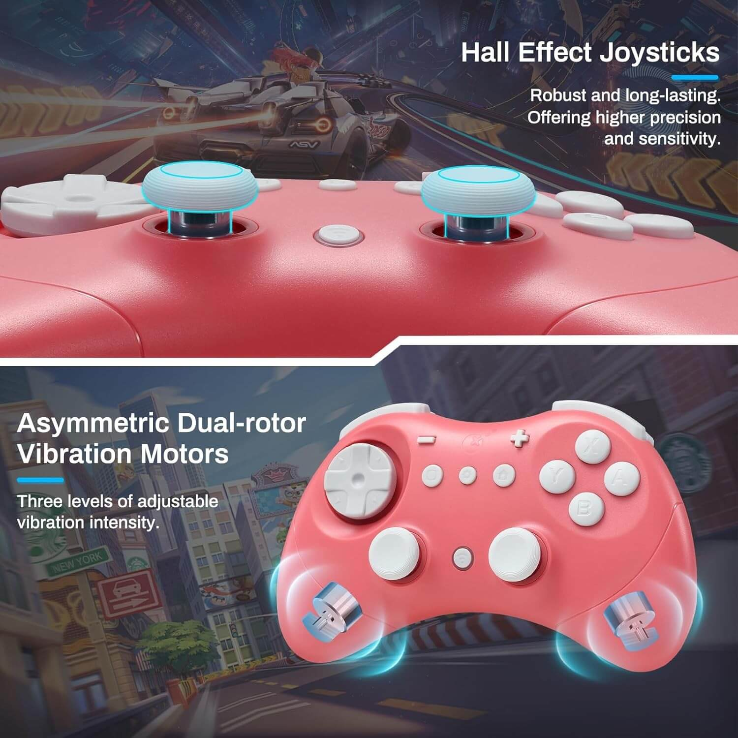 Un controlador rojo con joysticks y motores de vibración azules, sobre un fondo de juego.