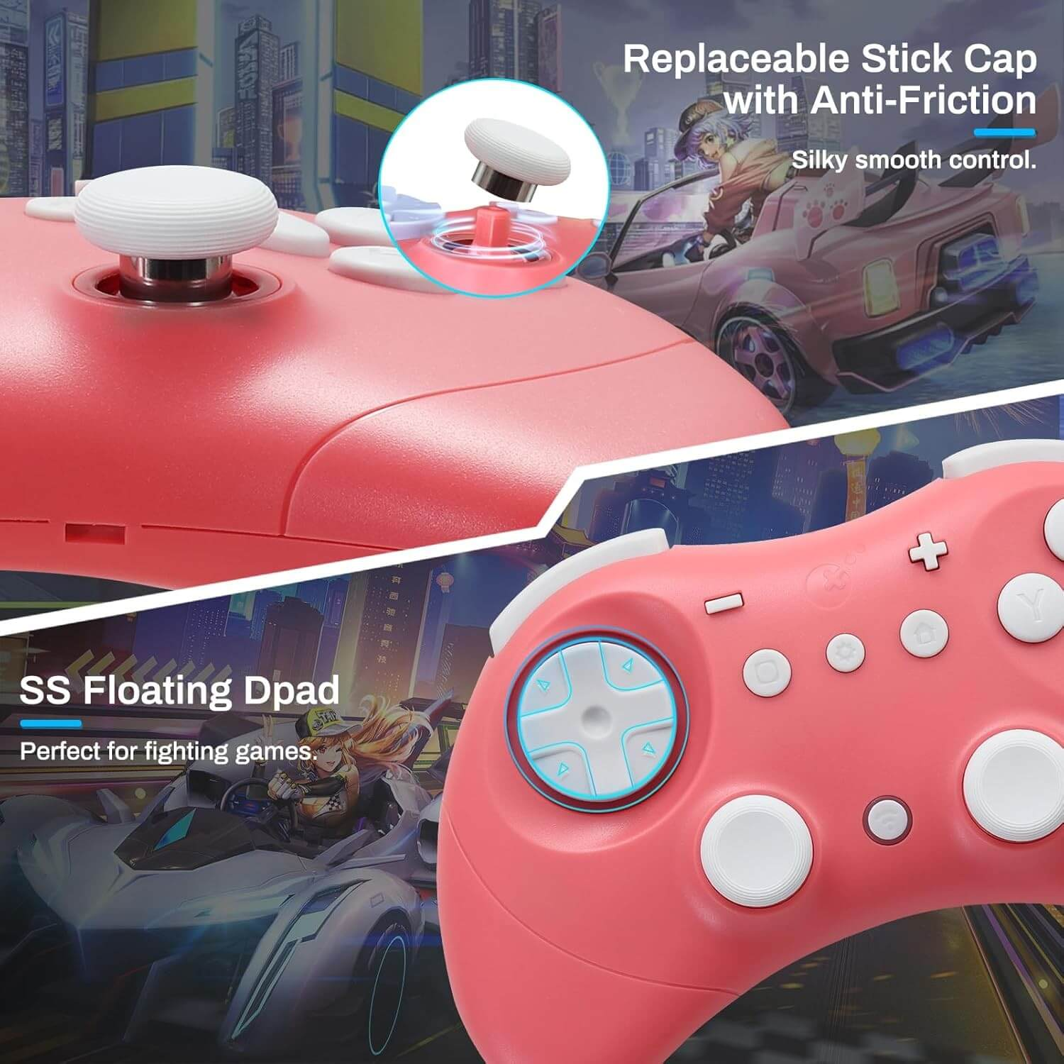 Un mando de juego rosa con D-pad y capuchón de stick reemplazable anti-fricción.