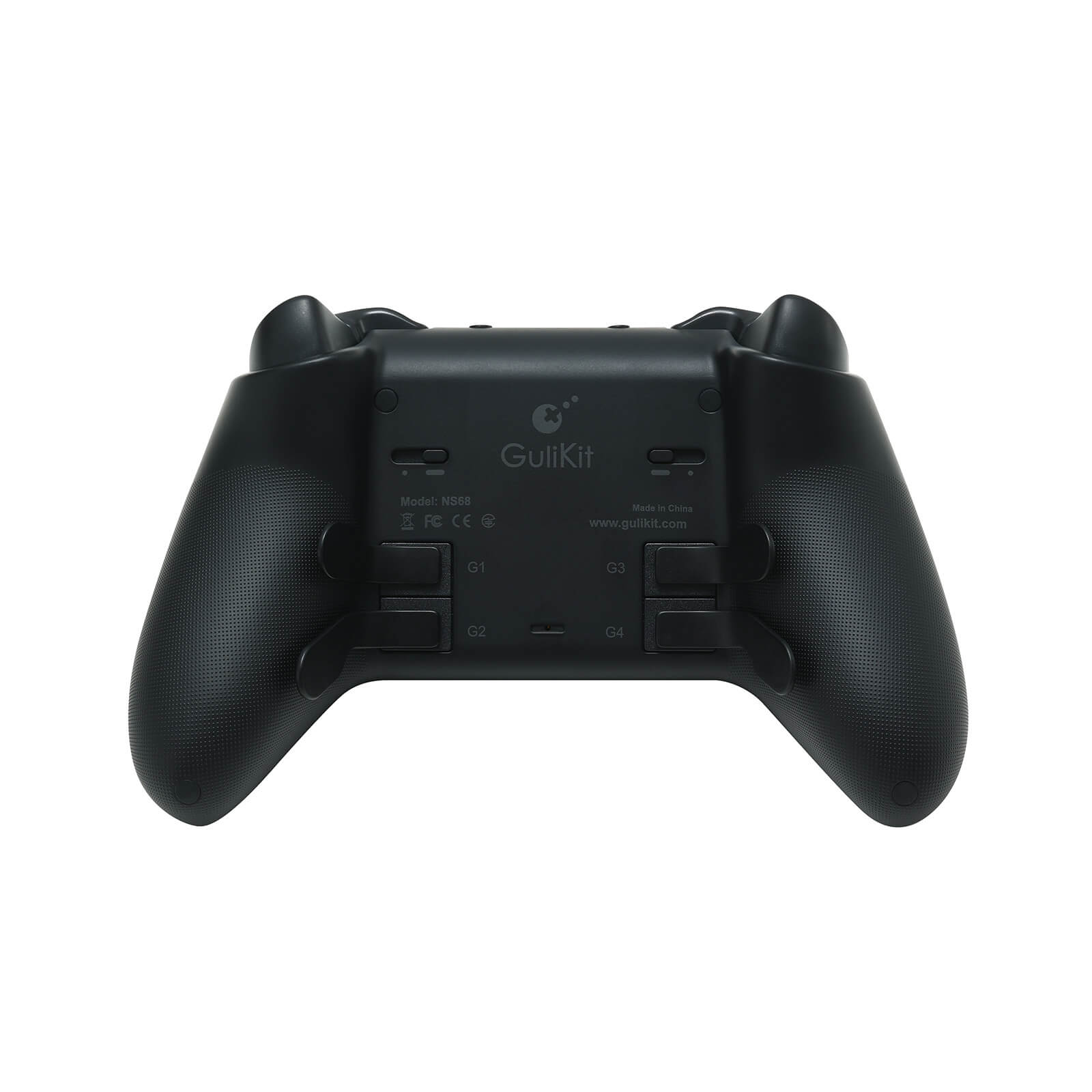 Mando de juego negro, vista trasera con etiquetas G1, G2, G3 y G4.