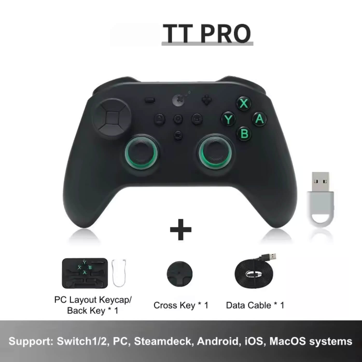 Mando de juego TT PRO negro con accesorios: keycap layout PC, tecla cruzada, cable de datos.