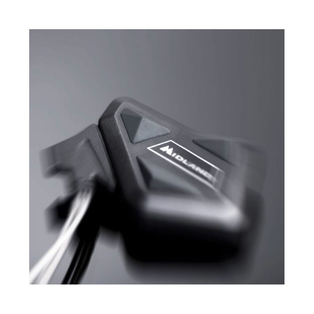 Zbliżenie czarnego komunikatora Midland na szarym tle.