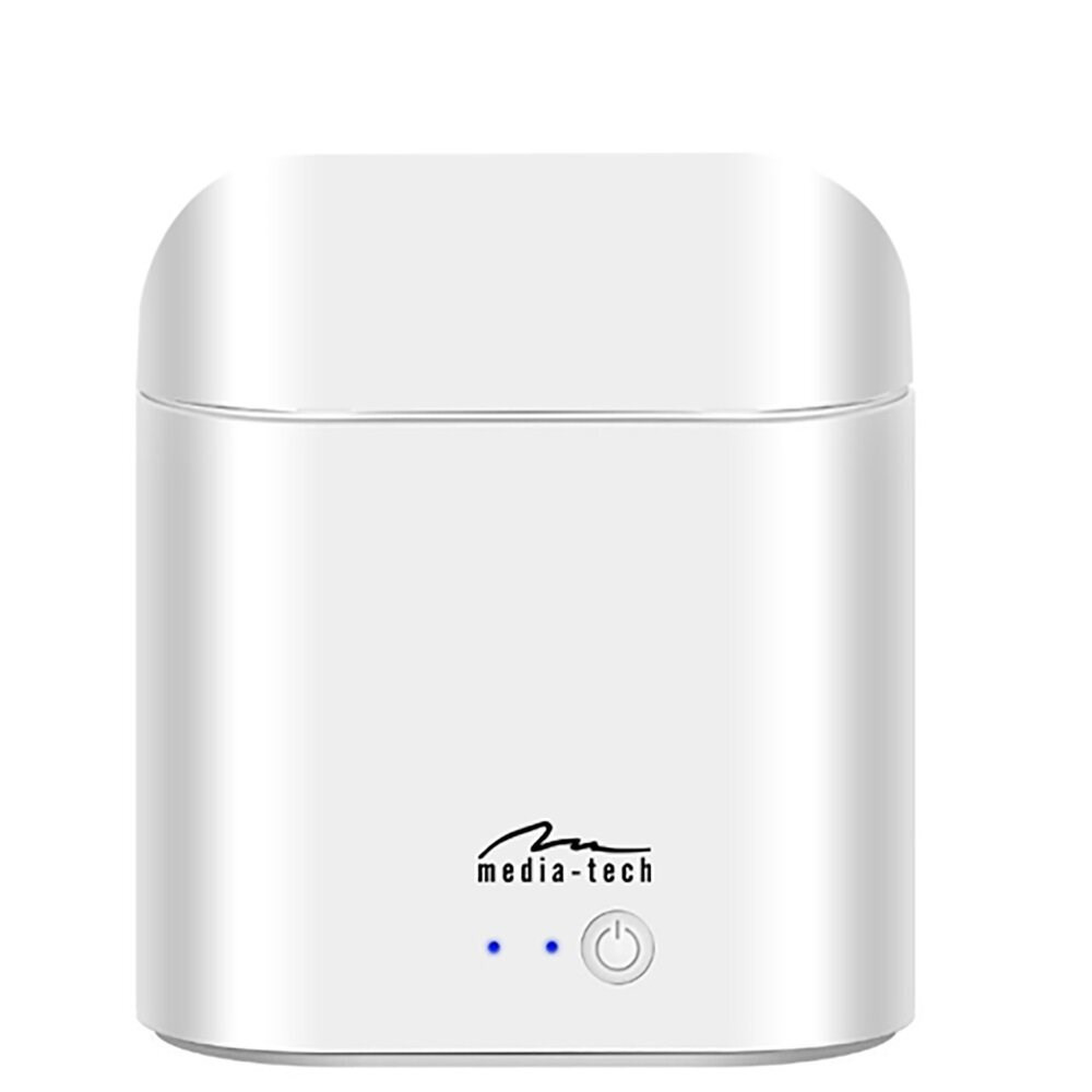 Białe etui ładujące z niebieskimi światłami i przyciskiem zasilania.