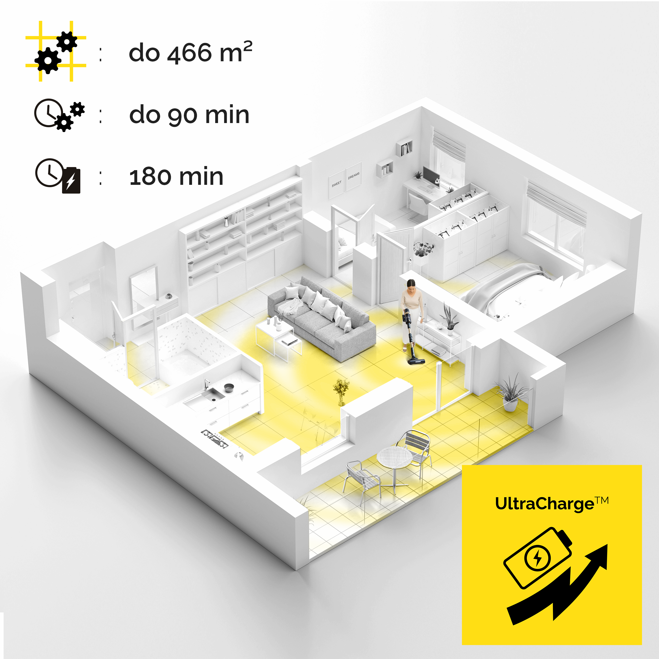 Rzut poziomy z odkurzaczem używanym w salonie.