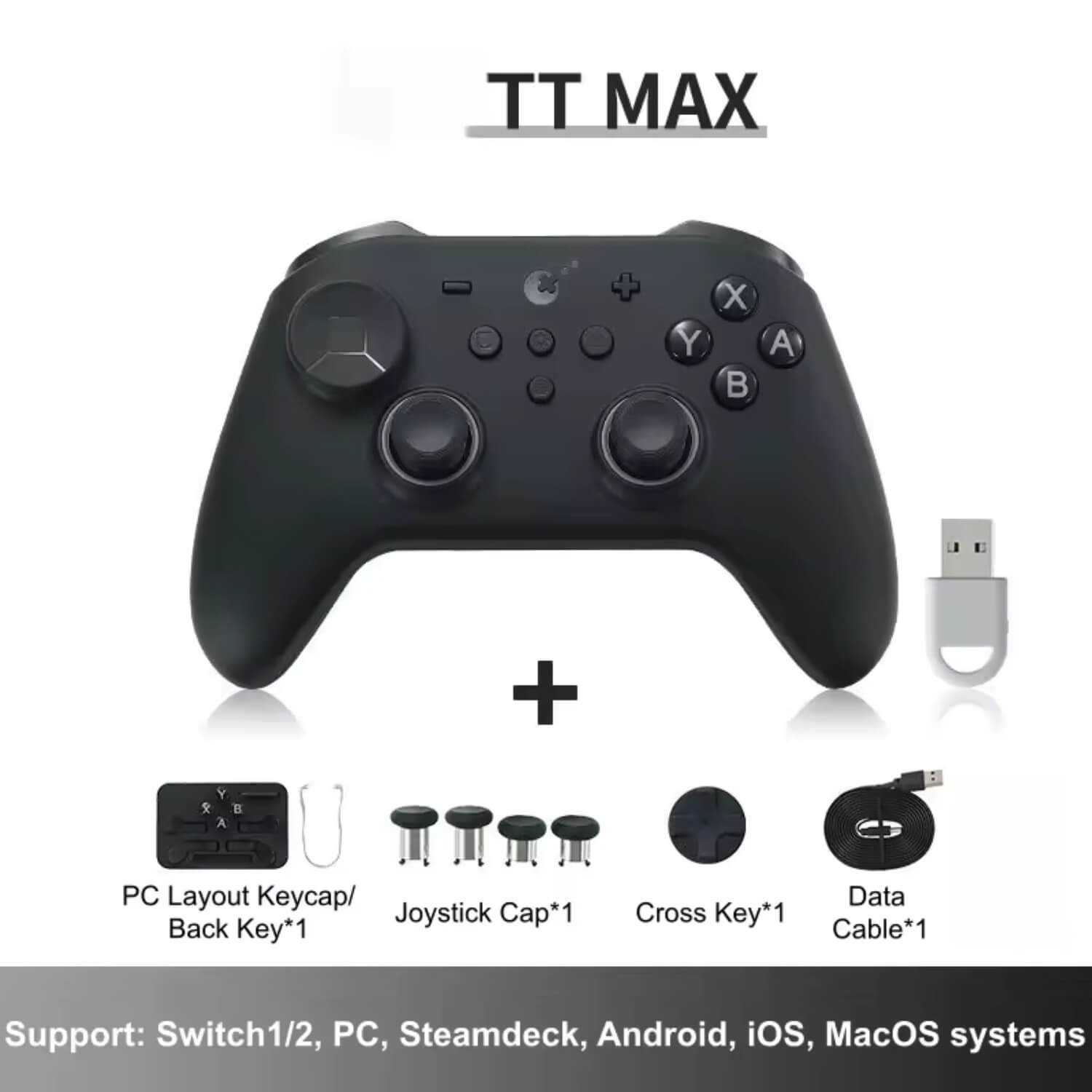 Mando de juegos negro con accesorios y logo "TT MAX".