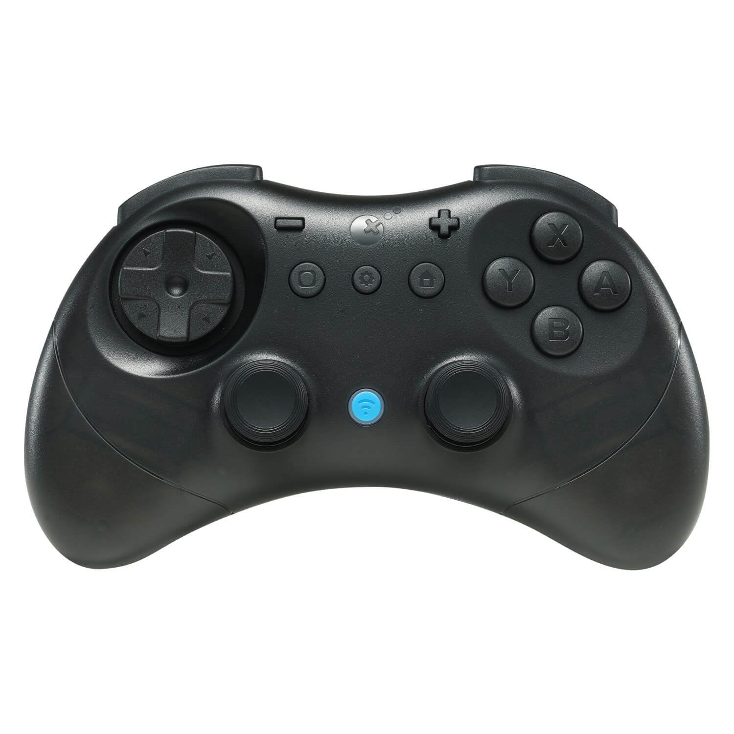 Mando de juego negro con luz azul y botones.