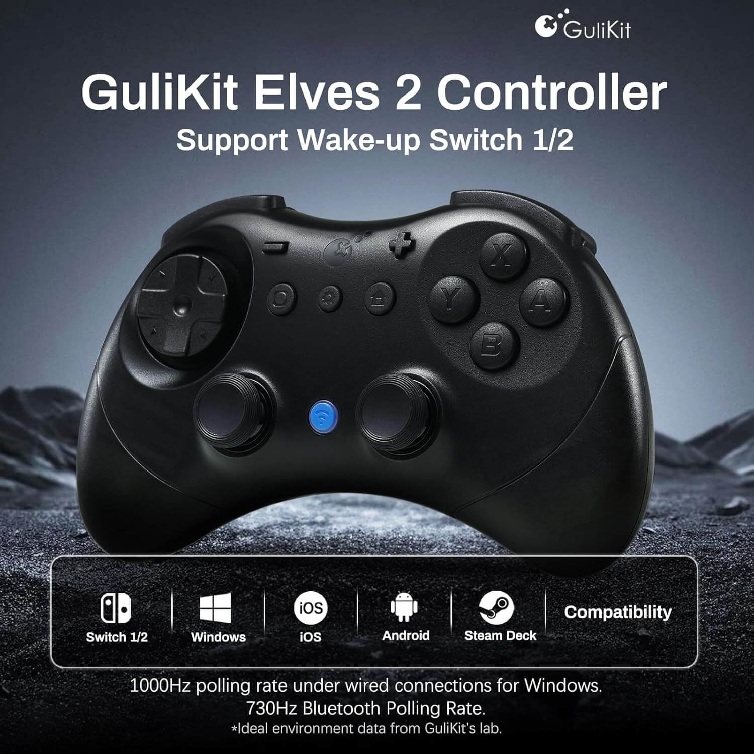 Un controlador GuliKit Elves 2 negro con iconos de compatibilidad.