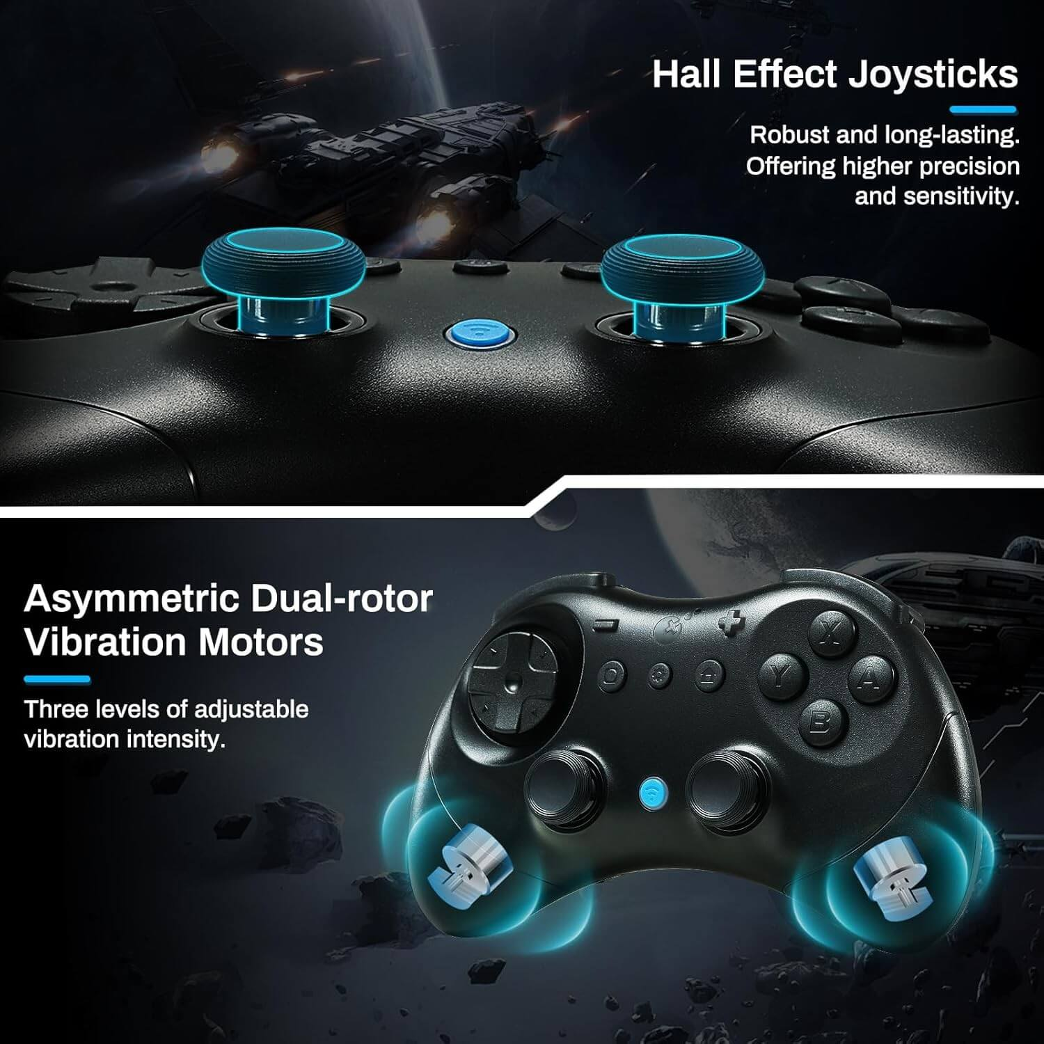 Mando de juego negro con acentos azules en los joysticks y motores de vibración.