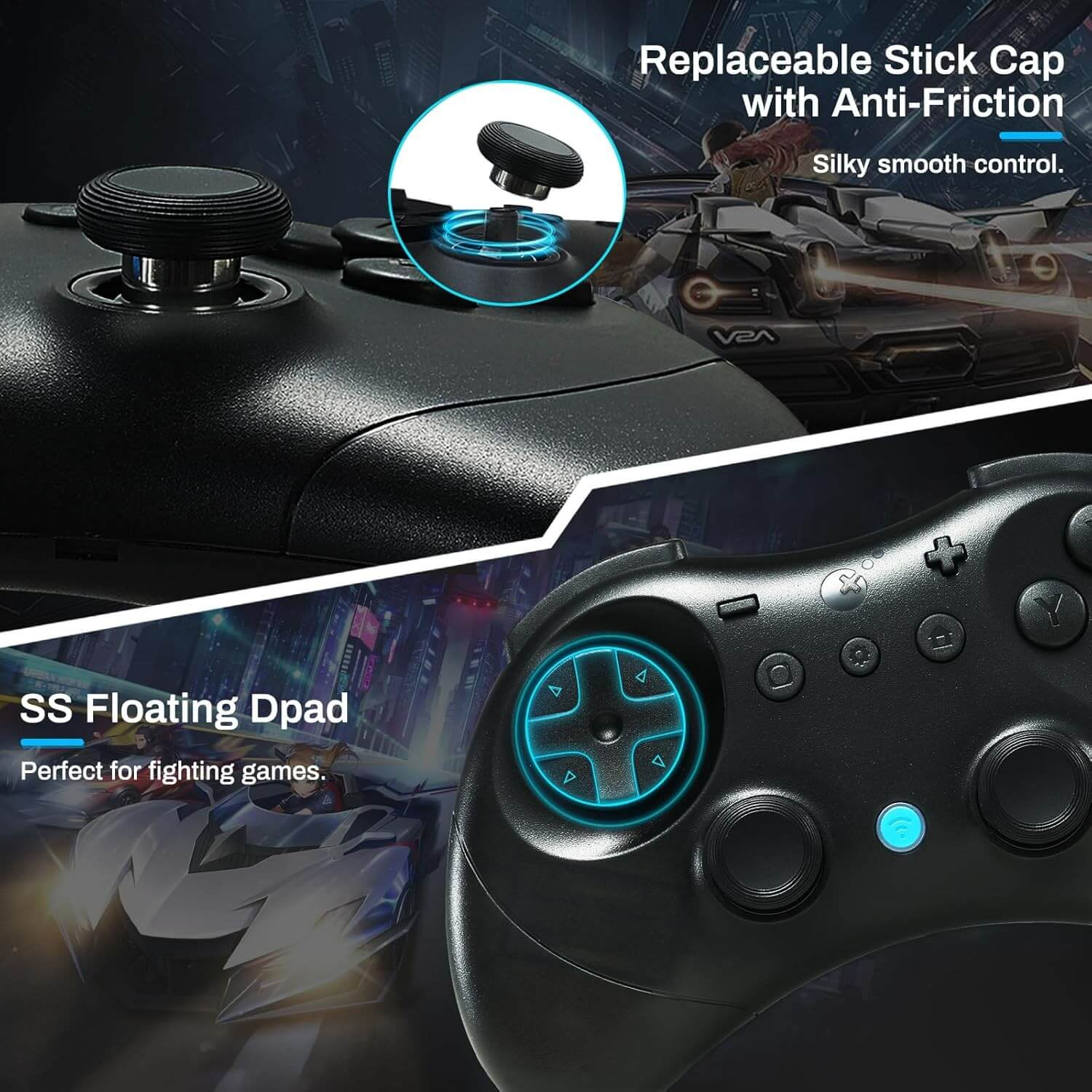 Controlador negro con tapa de stick reemplazable y D-pad iluminado.