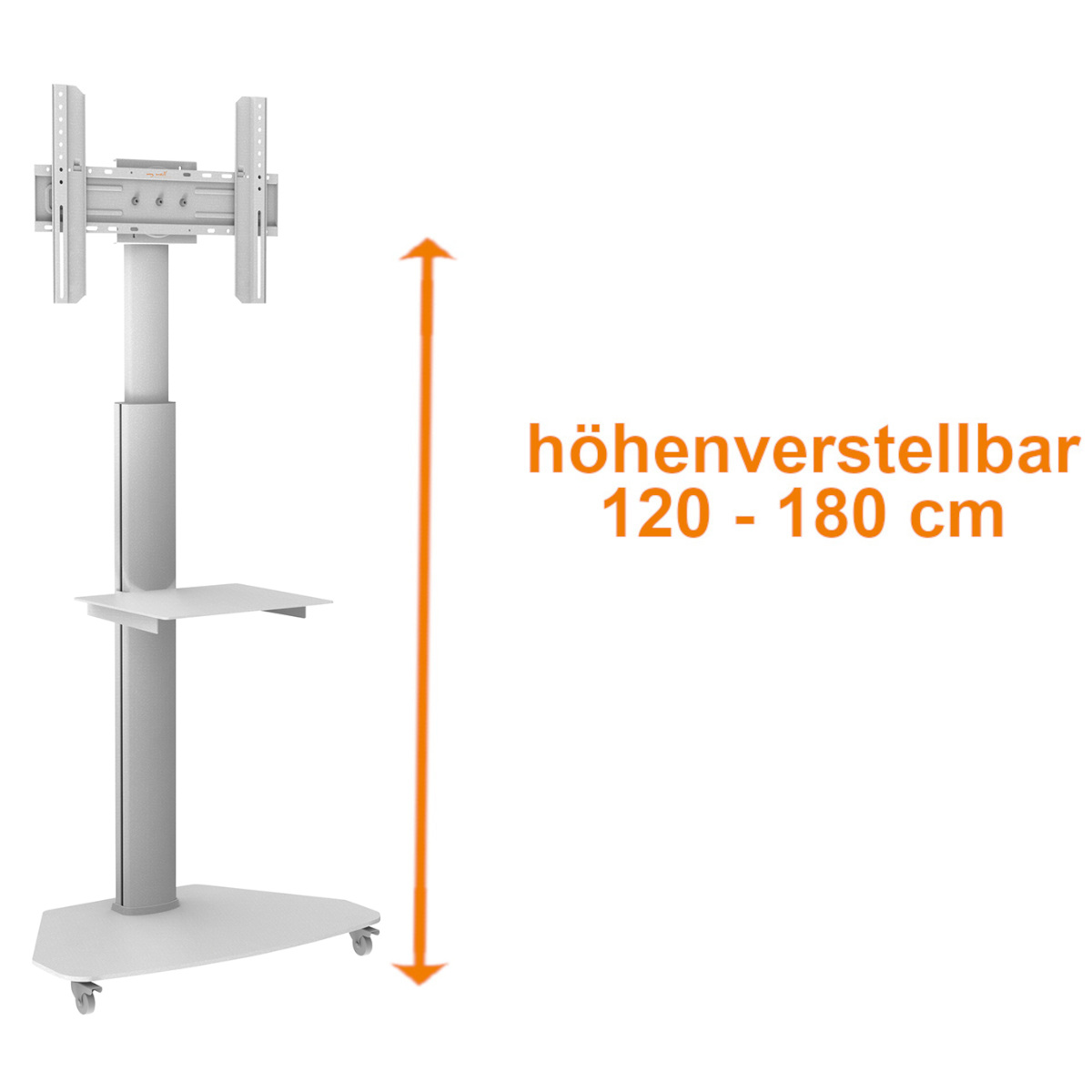 Ein silberner TV-Ständer auf Rollen mit höhenverstellbarem Arm und Ablage.