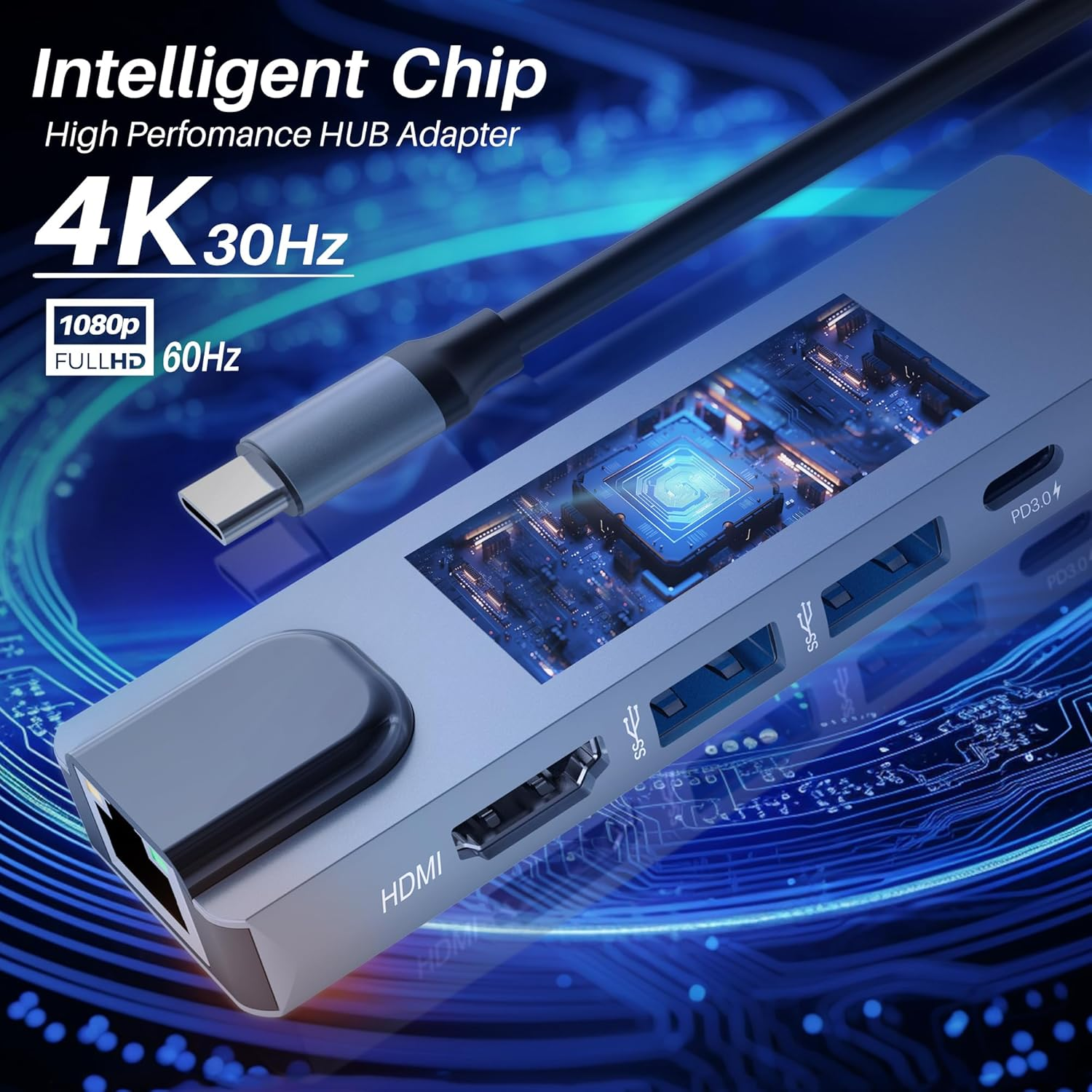 Un adattatore hub USB-C blu con HDMI, porte USB e slot per schede SD. 4K 30Hz.