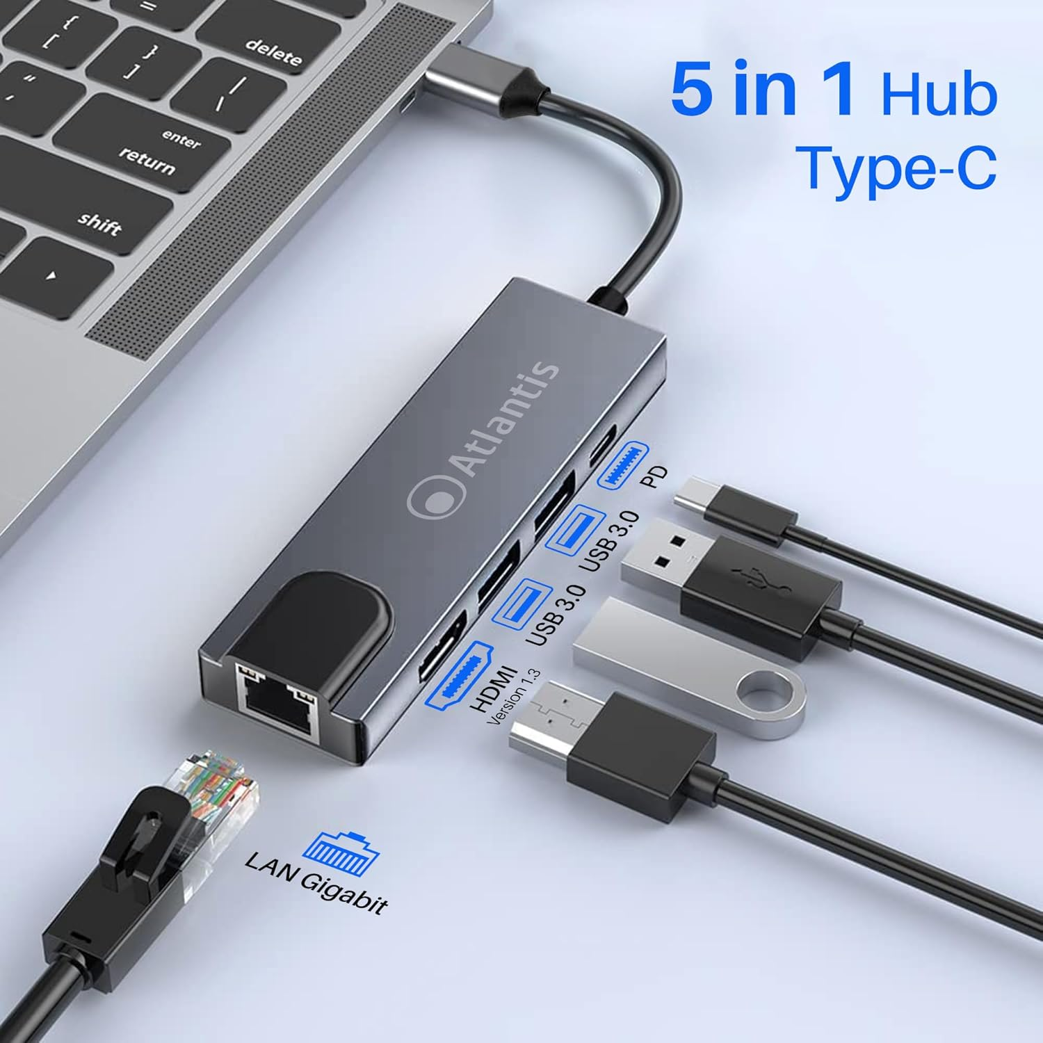 Hub USB-C grigio con HDMI, LAN e USB 3.0 collegato a un laptop.