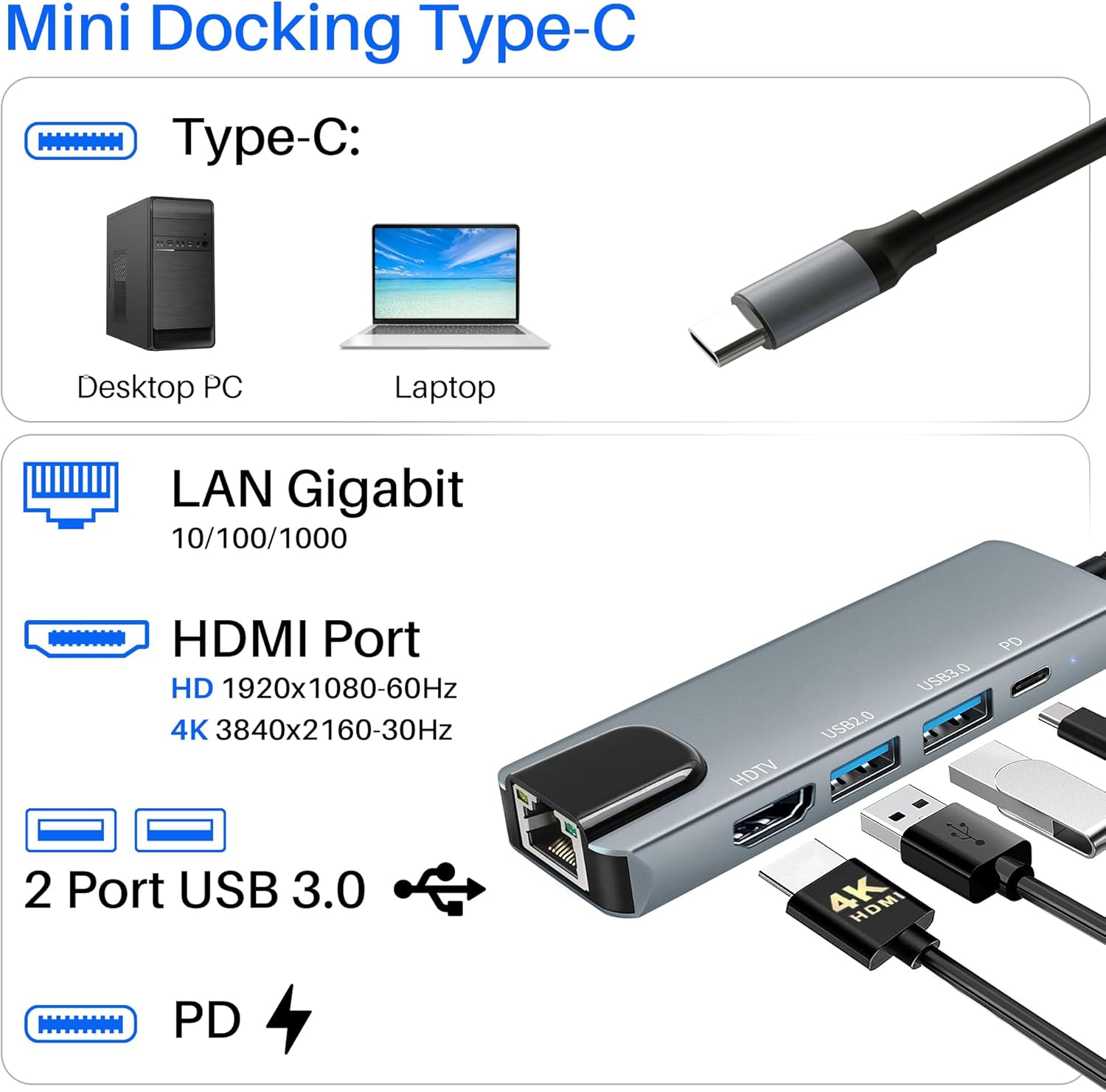 Hub USB-C grigio con porte: HDMI, LAN, 2x USB 3.0, PD.