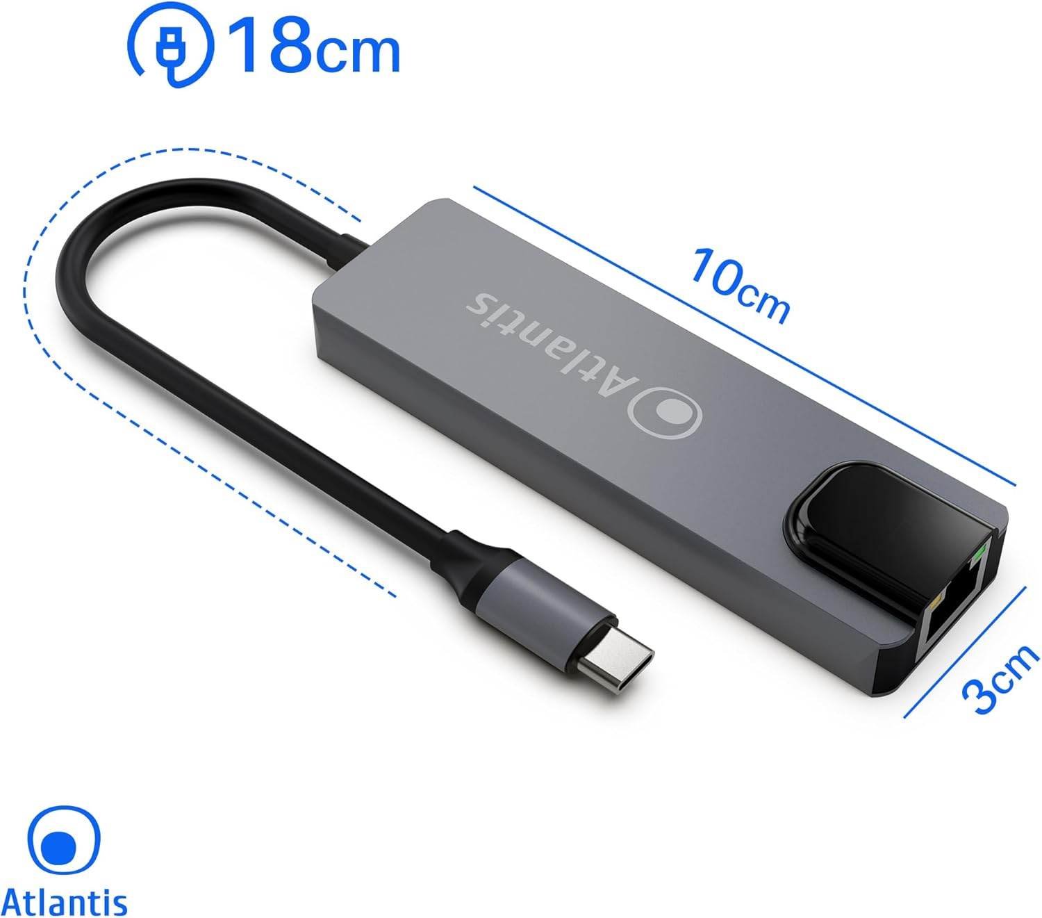 Adattatore USB-C grigio con porta Ethernet, cavo da 18 cm.