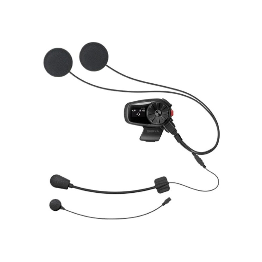 Un auricolare Bluetooth Sena con microfono e auricolari su sfondo bianco.