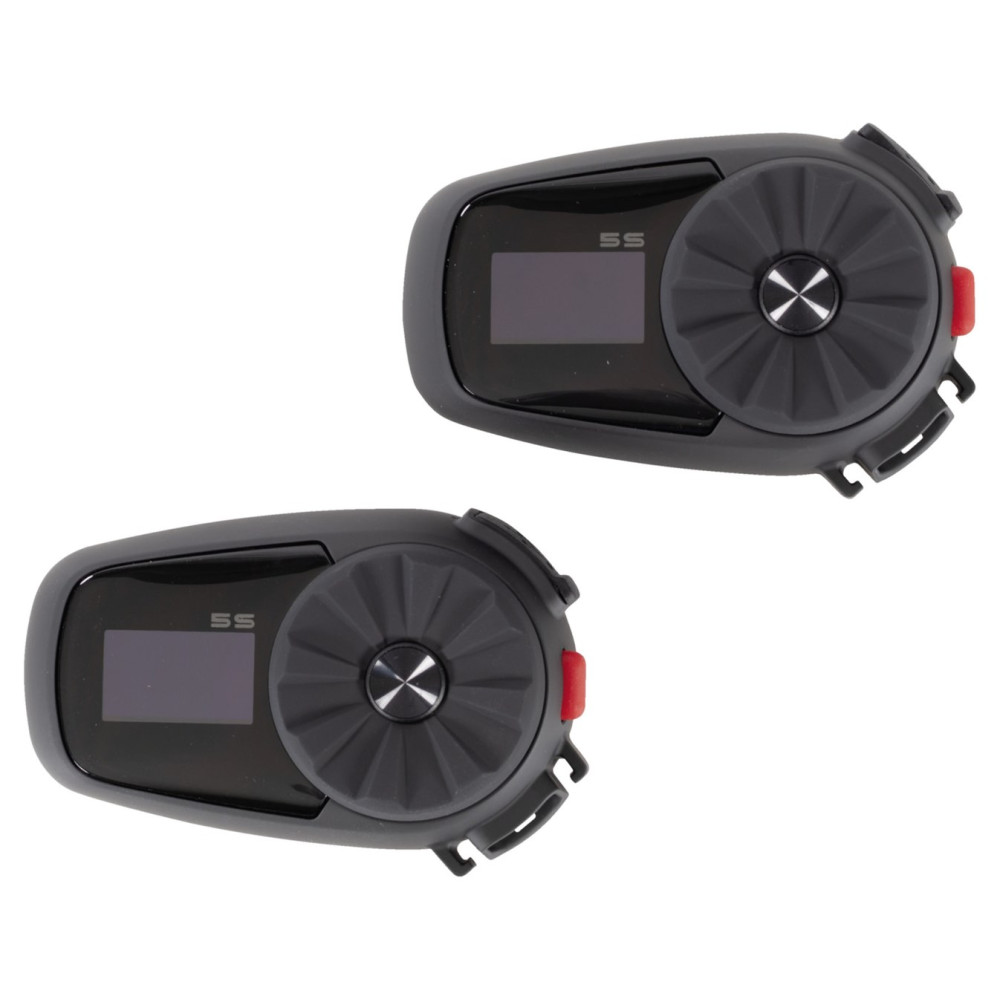 Due dispositivi di comunicazione neri per casco da moto con schermi e ruote.