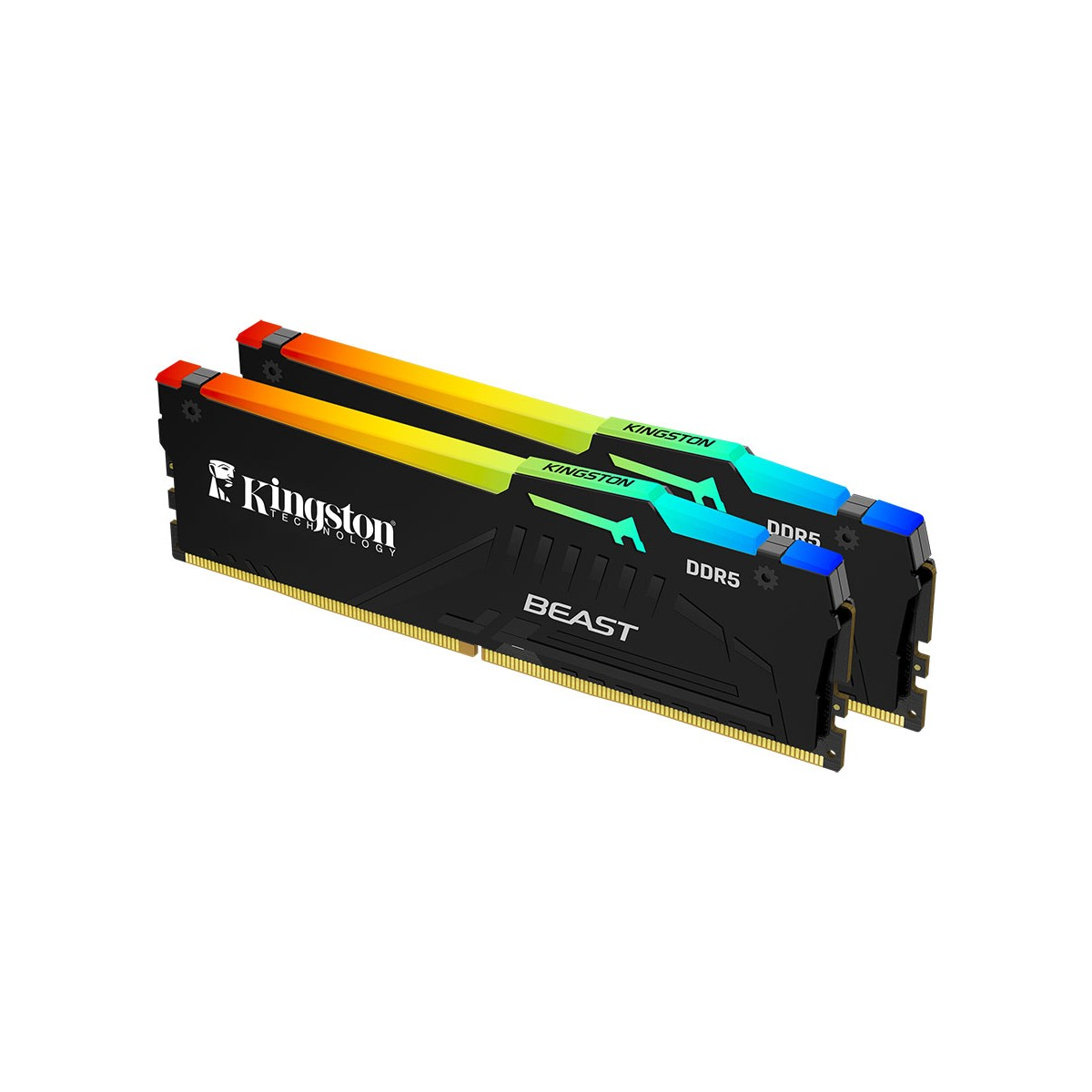 Kingston logosu ve RGB aydınlatmalı iki siyah DDR5 RAM modülü.