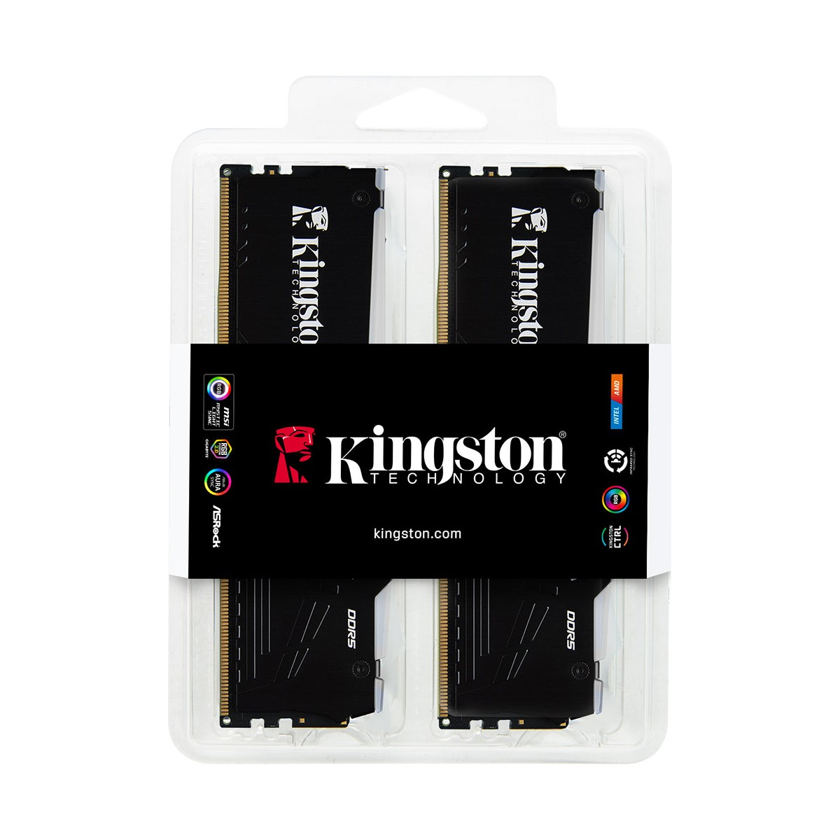 Logolu siyah kutuda iki adet Kingston DDR5 RAM modülü.