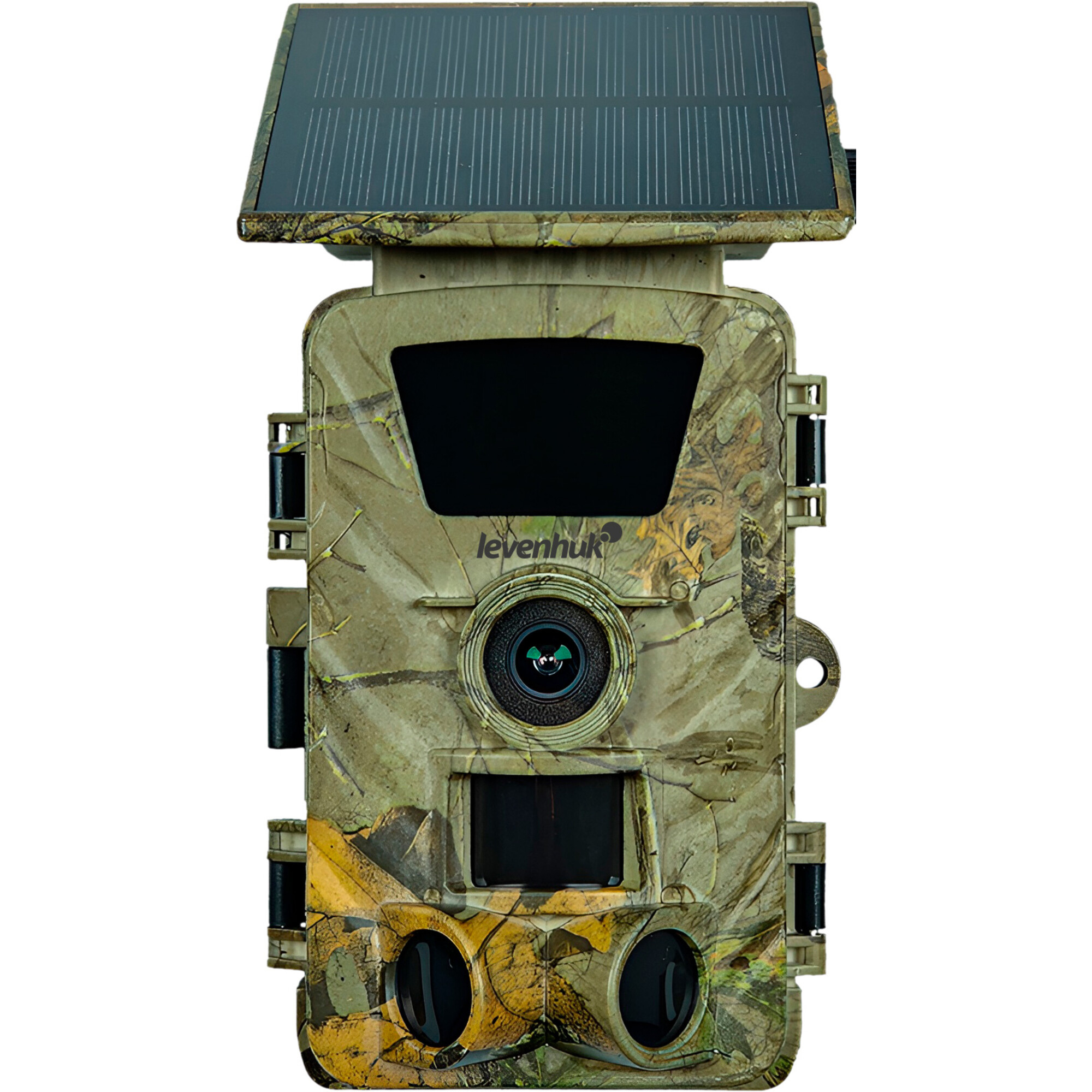 Getarnte Wildkamera mit Solarpanel. Levenhuk-Logo über der Linse.