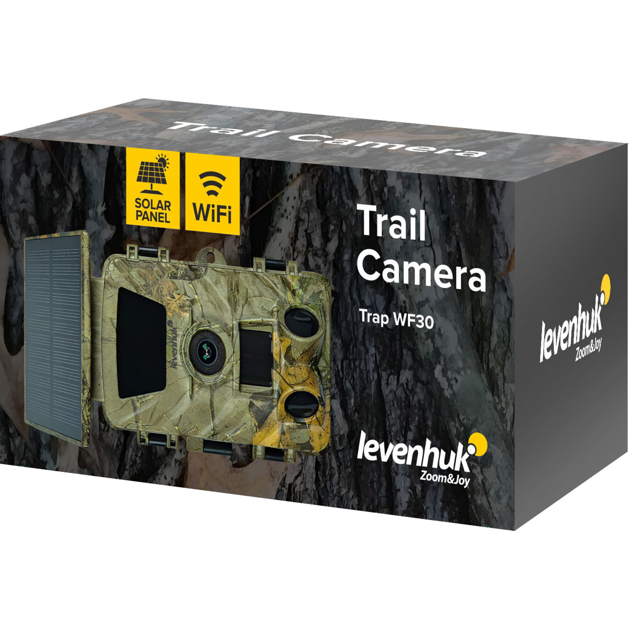 Verpackung einer Levenhuk Trail Kamera WF30 mit Solarpanel und WLAN.