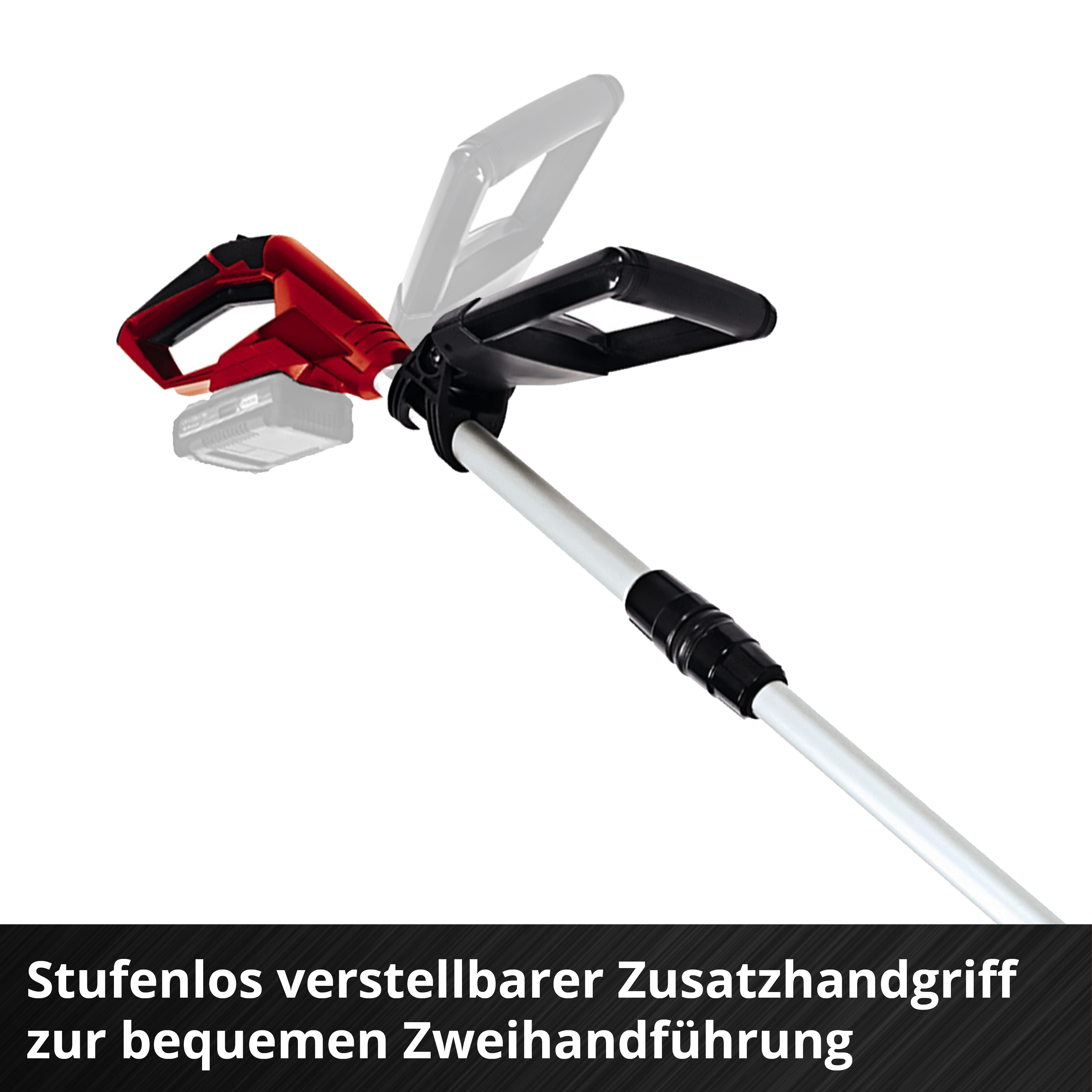 Ein rotes Elektrowerkzeug mit einem verstellbaren Griff auf einem Metallstab.