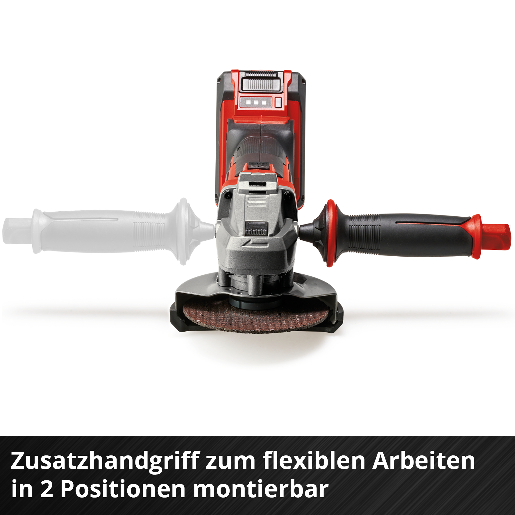 Ein Winkelschleifer mit zwei Griffen, einer rot und einer transparent.