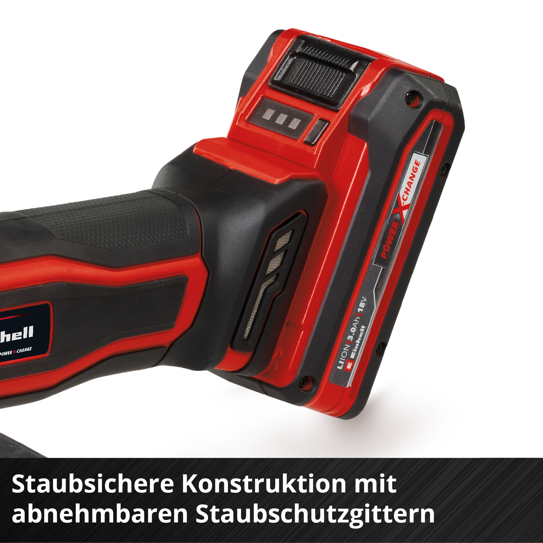 Ein roter und schwarzer Akku-Schleifer mit Beschriftung.