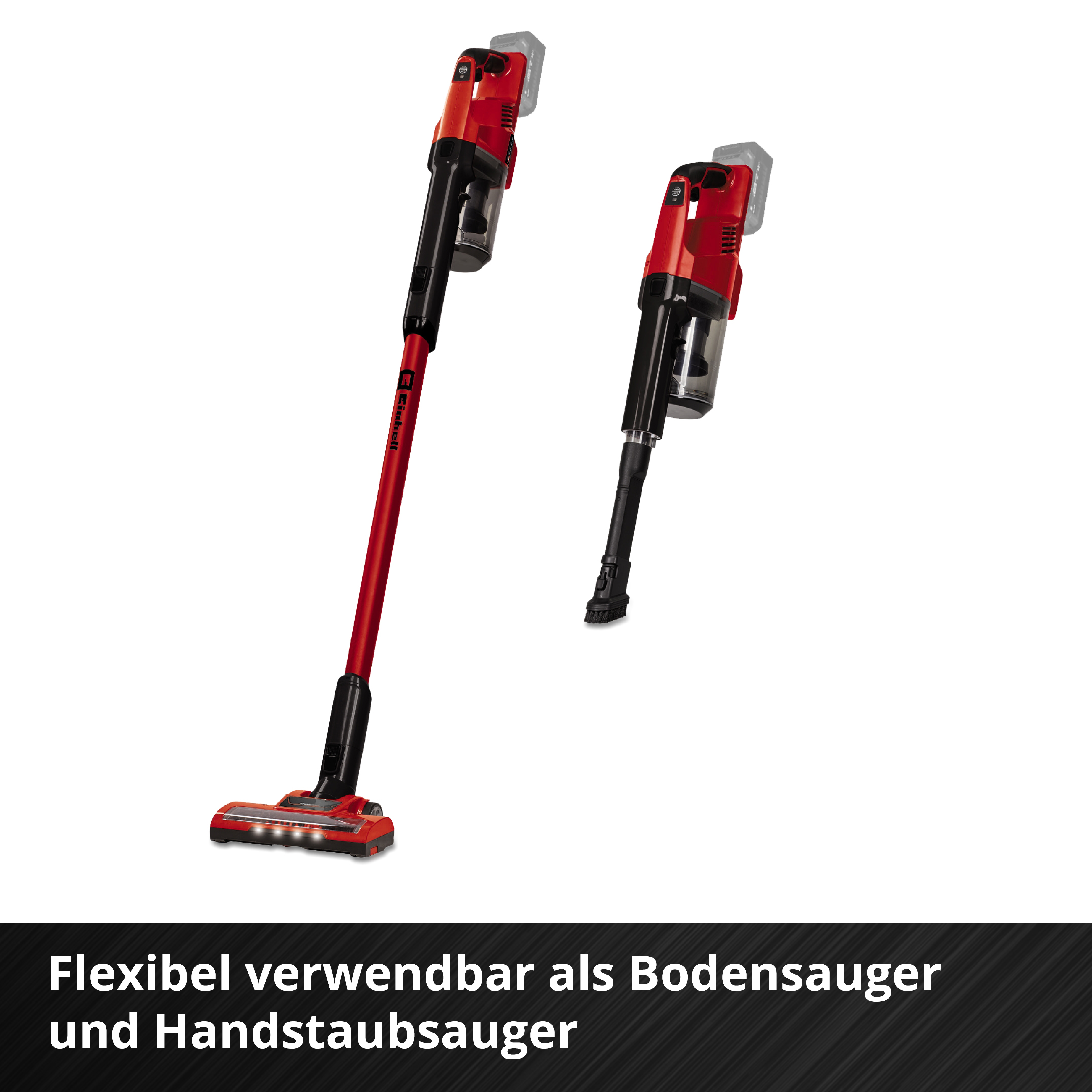 Zwei rote Akku-Staubsauger, einer als Boden- und einer als Handstaubsauger.