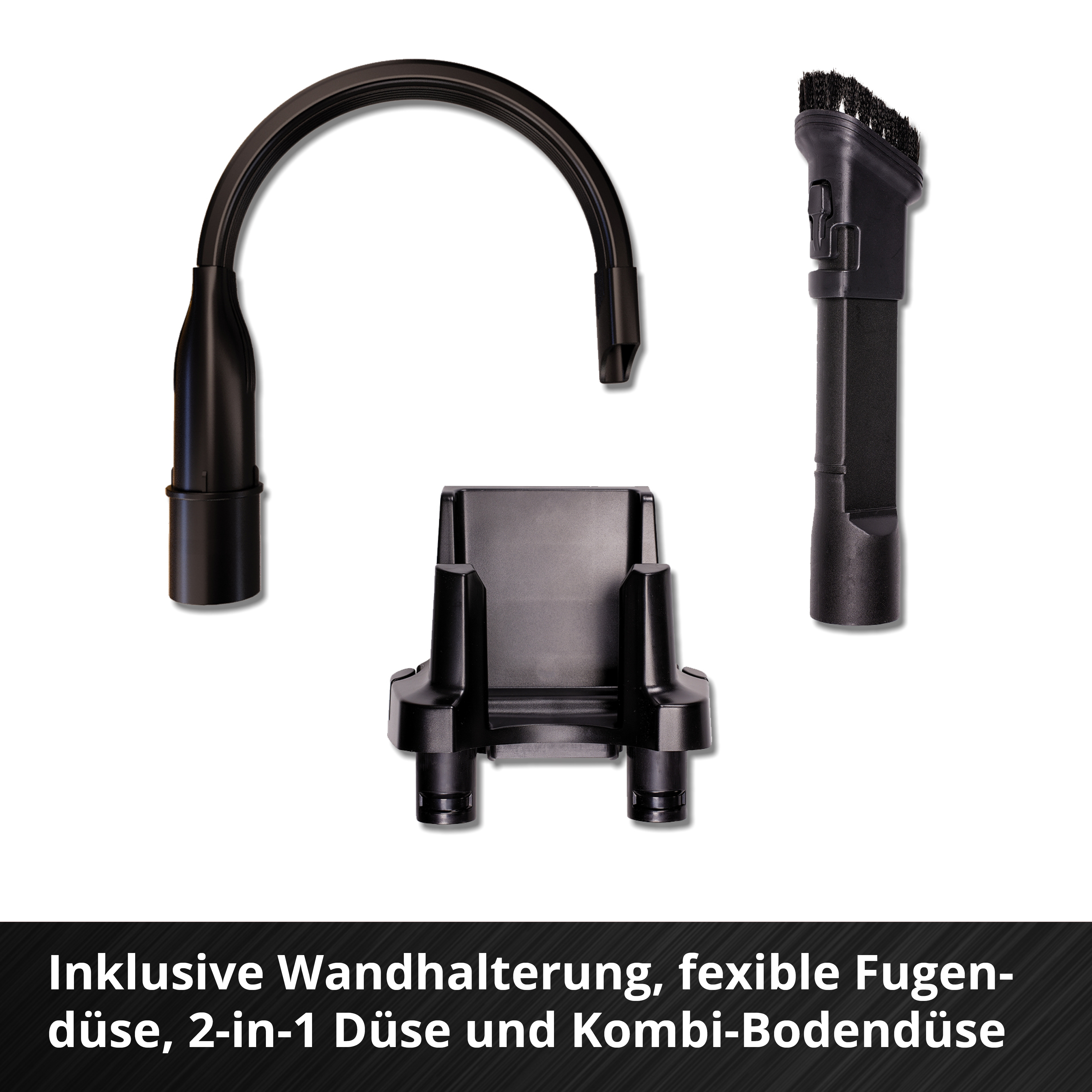 Schwarze Staubsaugeraufsätze: Wandhalterung, Flexdüse, 2-in-1-Düse, Kombidüse.