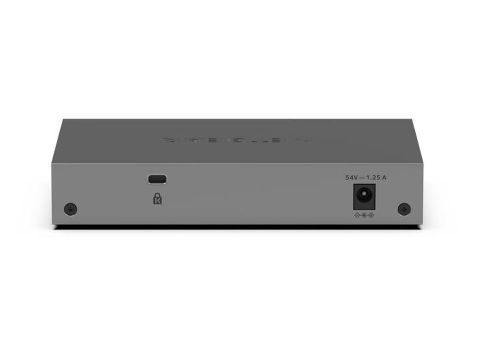 Appareil rectangulaire gris avec ports et étiquette 54V-1.25A.