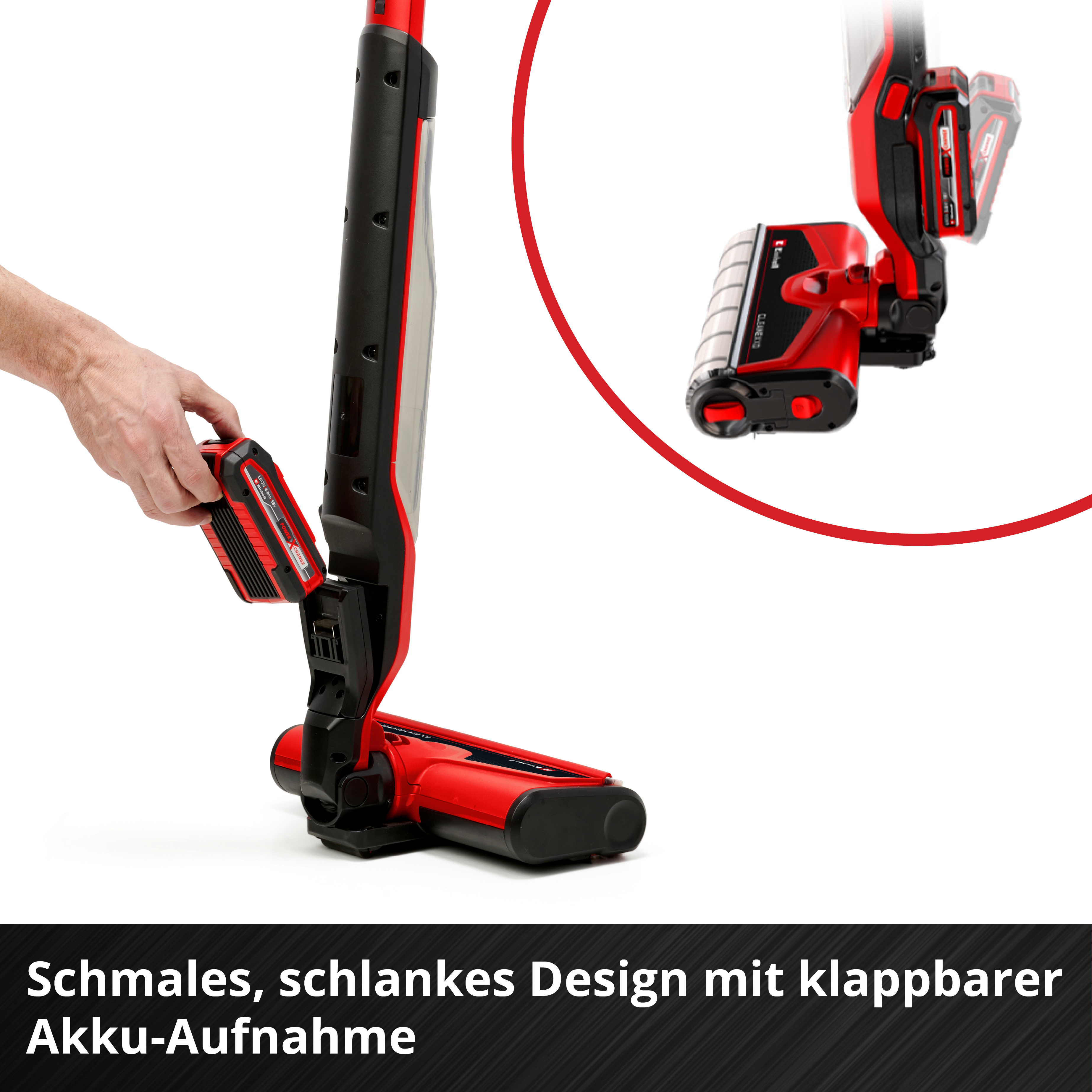 Ein Mann setzt einen roten Akku in einen schwarzen Staubsauger ein.