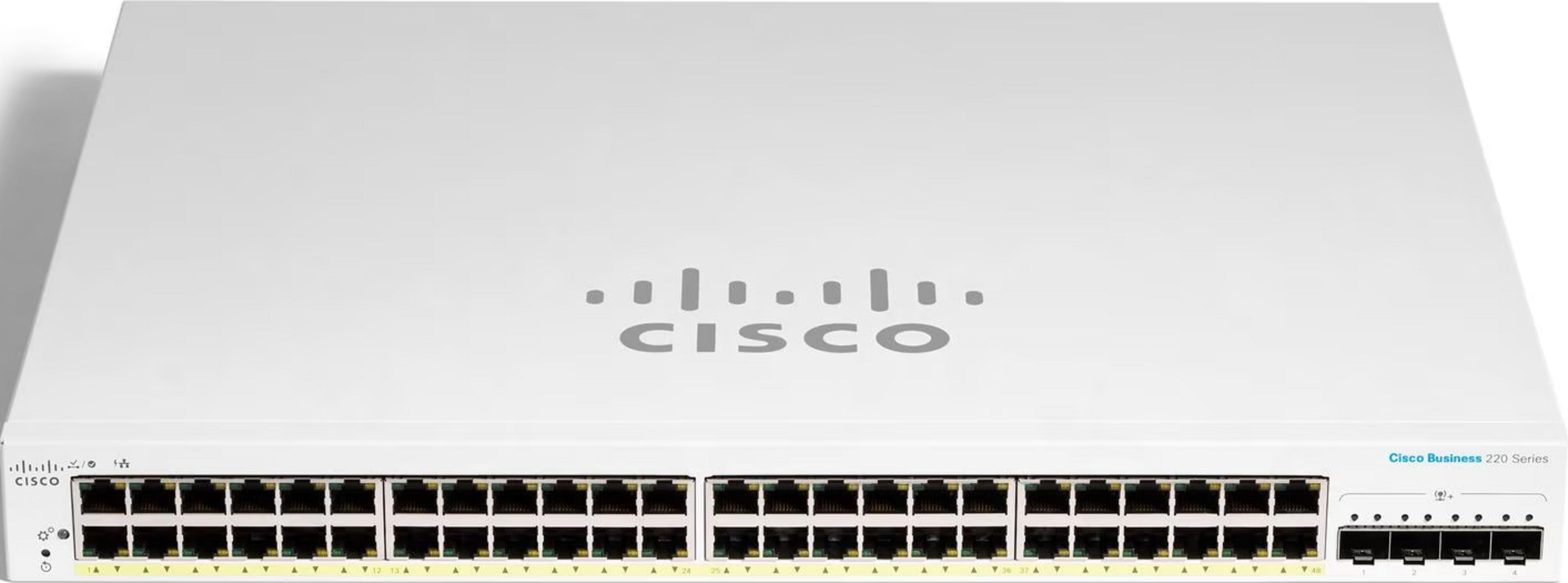 Ein weißer Cisco Business 220 Series Switch mit vielen Ethernet-Anschlüssen.