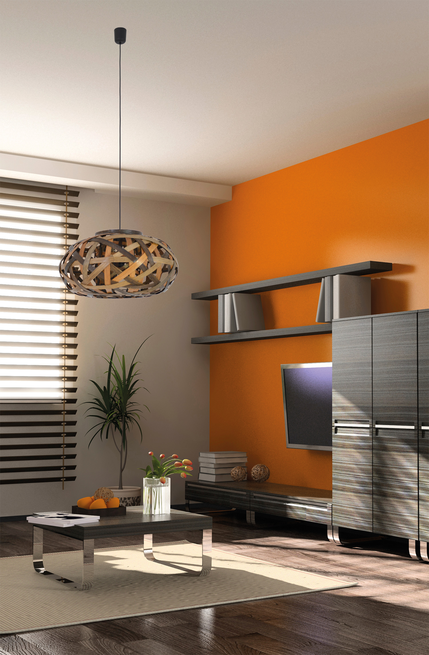 Modernes Wohnzimmer mit orangefarbener Wand, Sofa, Tisch und Fernseher.