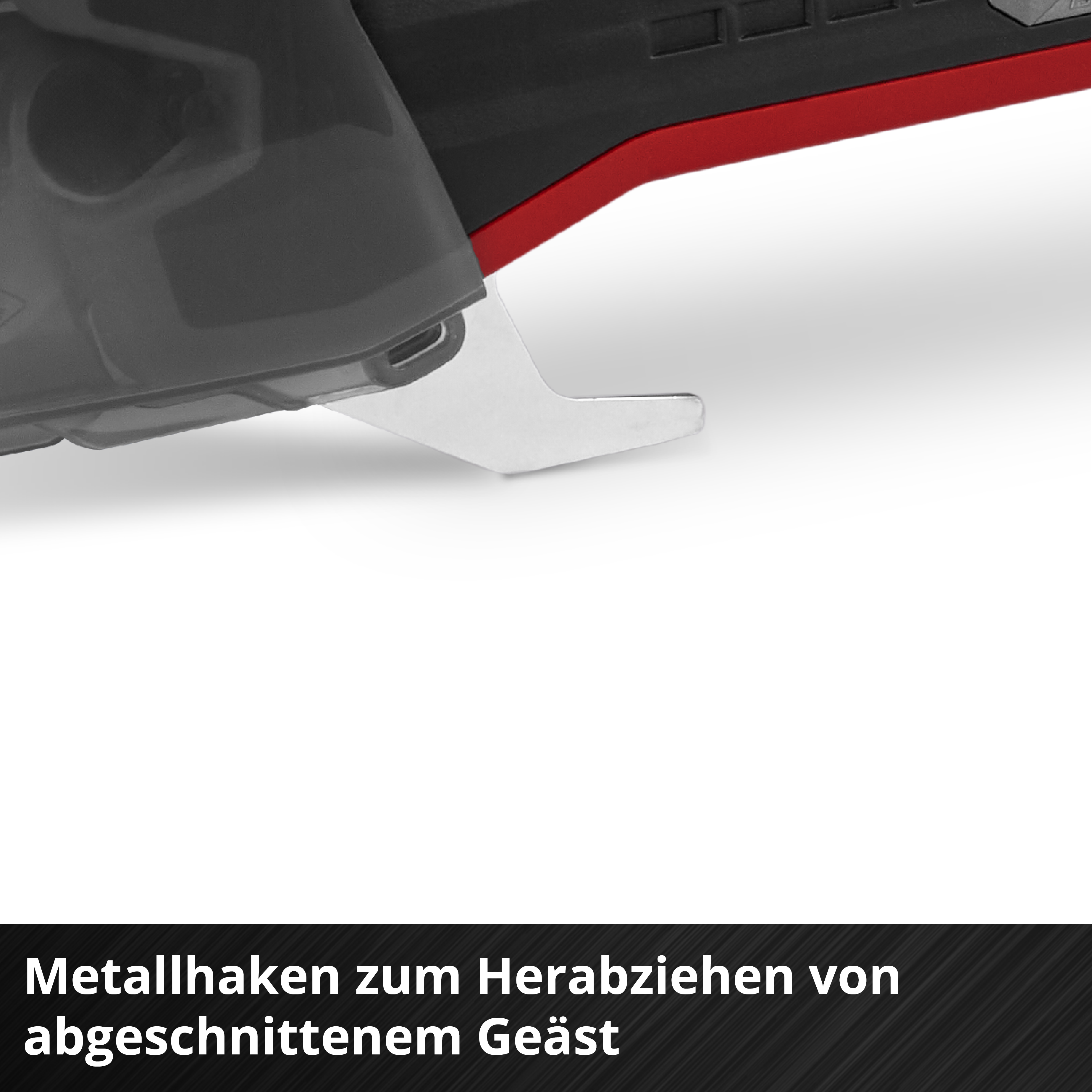 Nahaufnahme eines Werkzeugs mit Metallhaken und schwarzem Gehäuse.