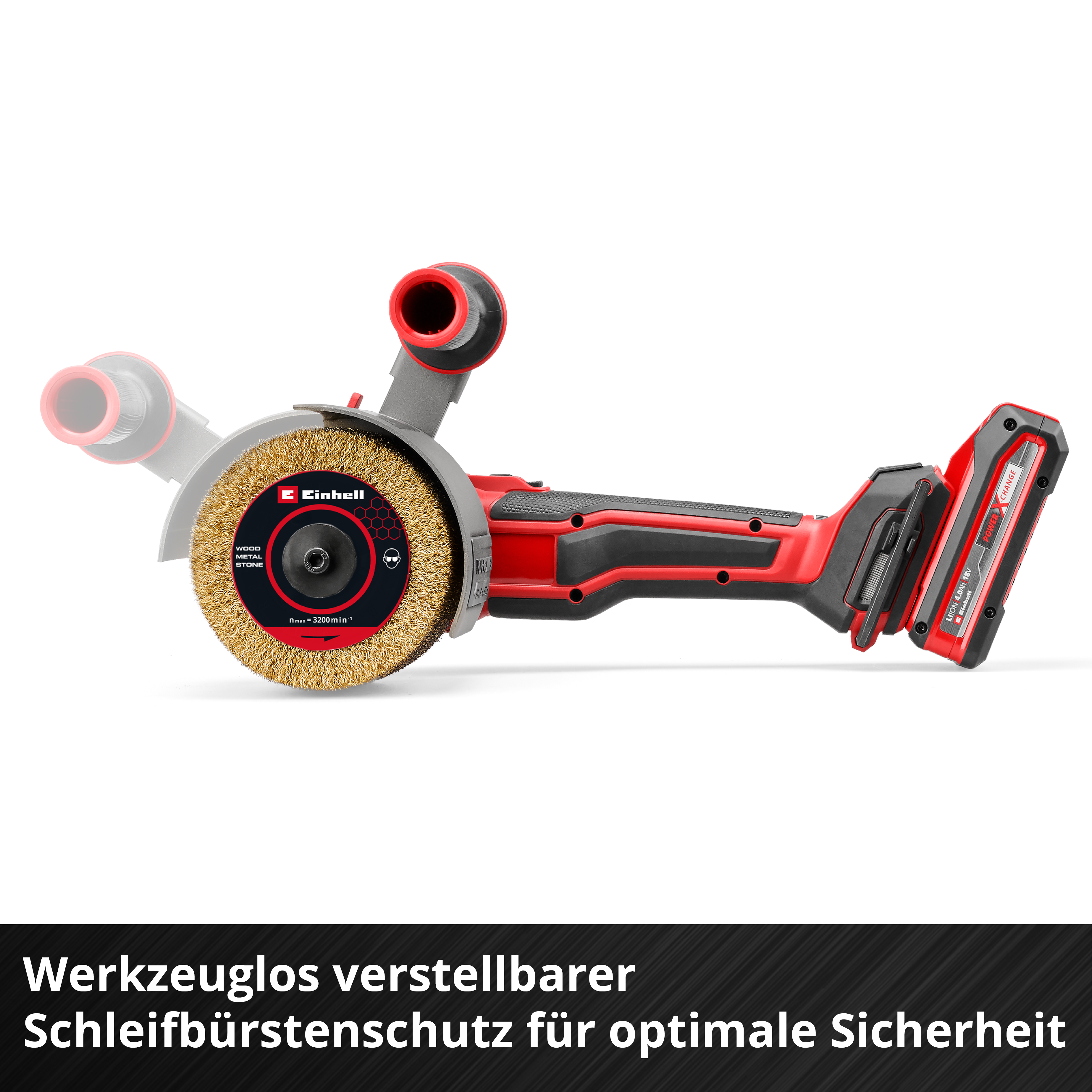 Ein roter und schwarzer Winkelschleifer mit Drahtbürste und Akku.