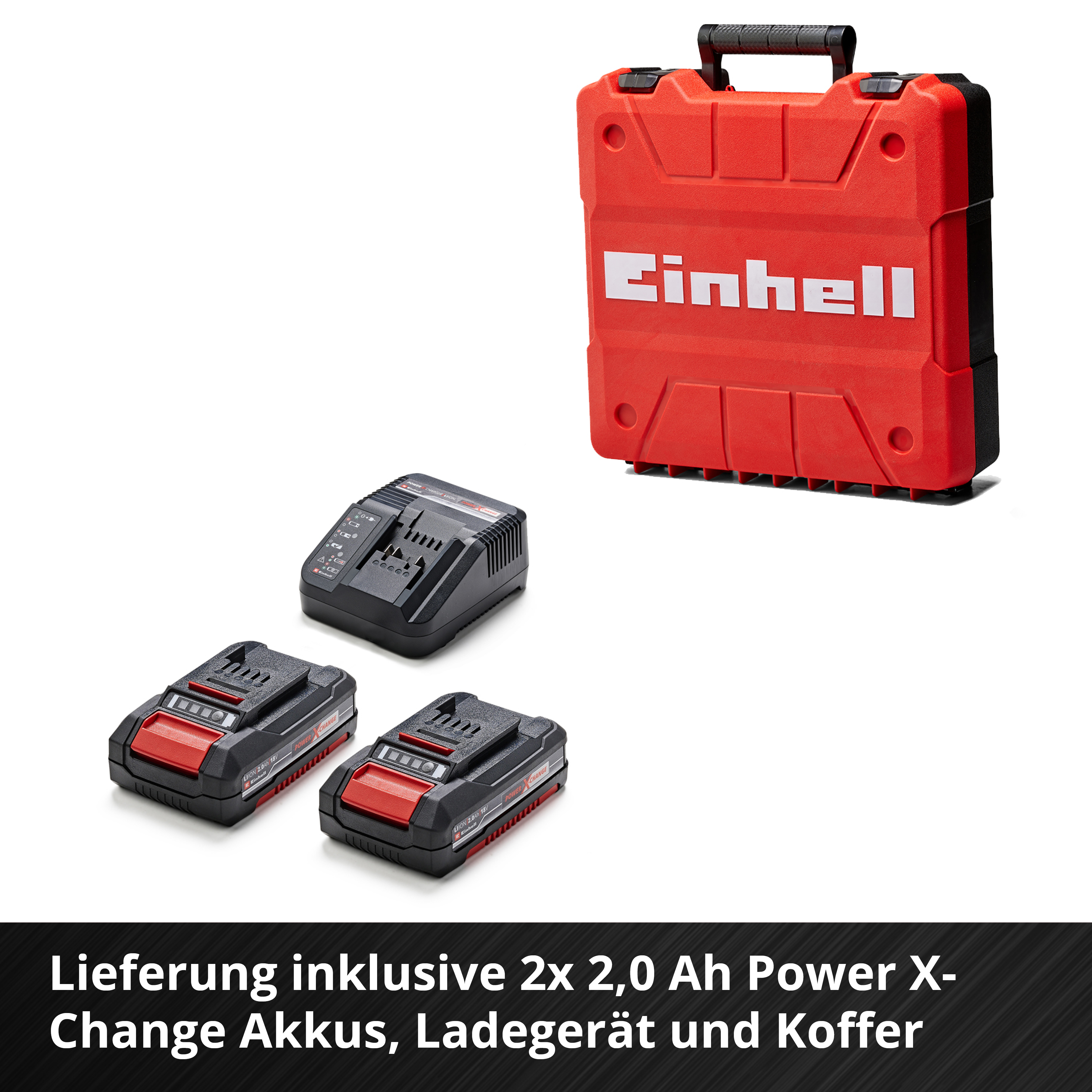 Valigetta rossa Einhell con due batterie e caricabatterie.