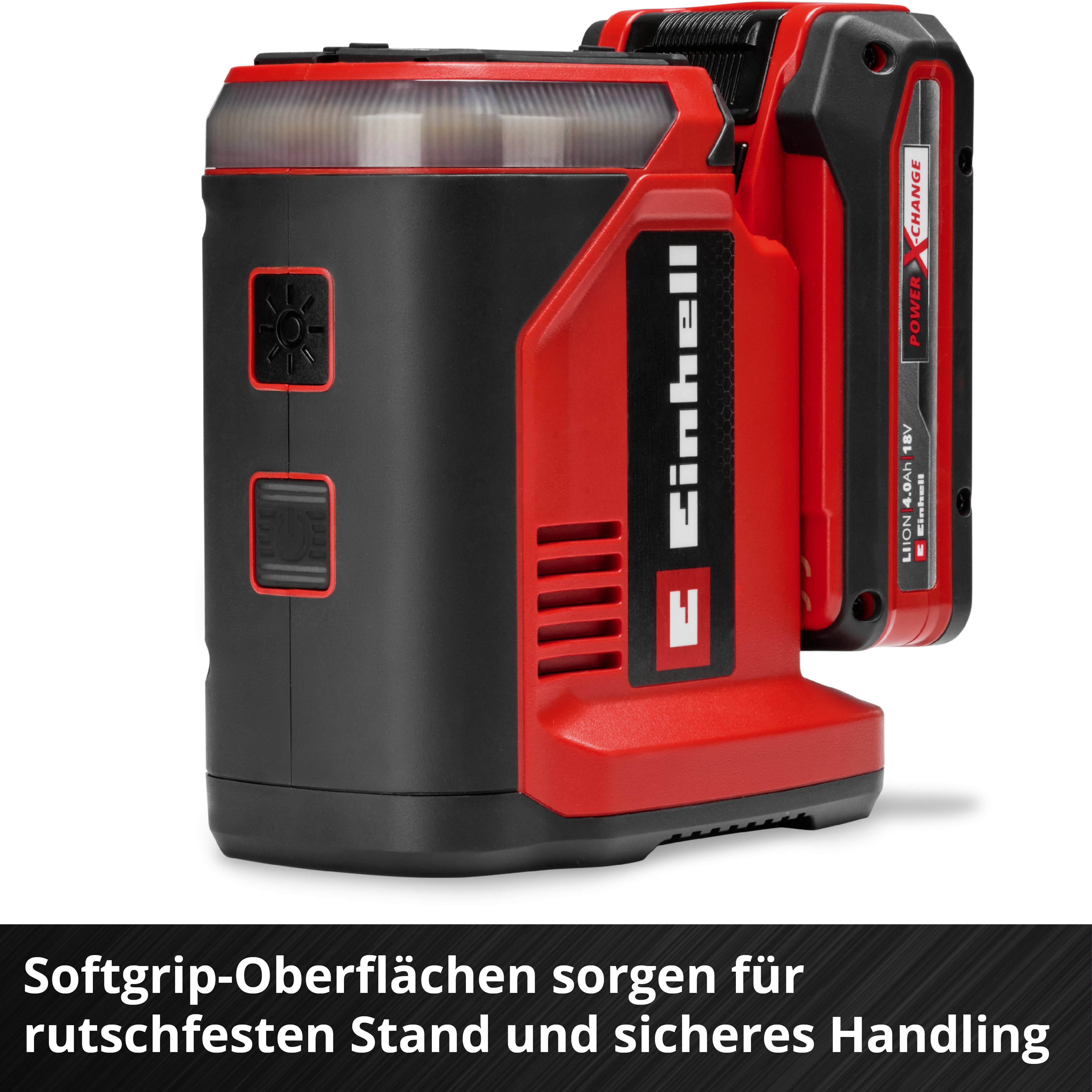 Ein rotes und schwarzes Werkzeug mit Akku, auf weißem Hintergrund.