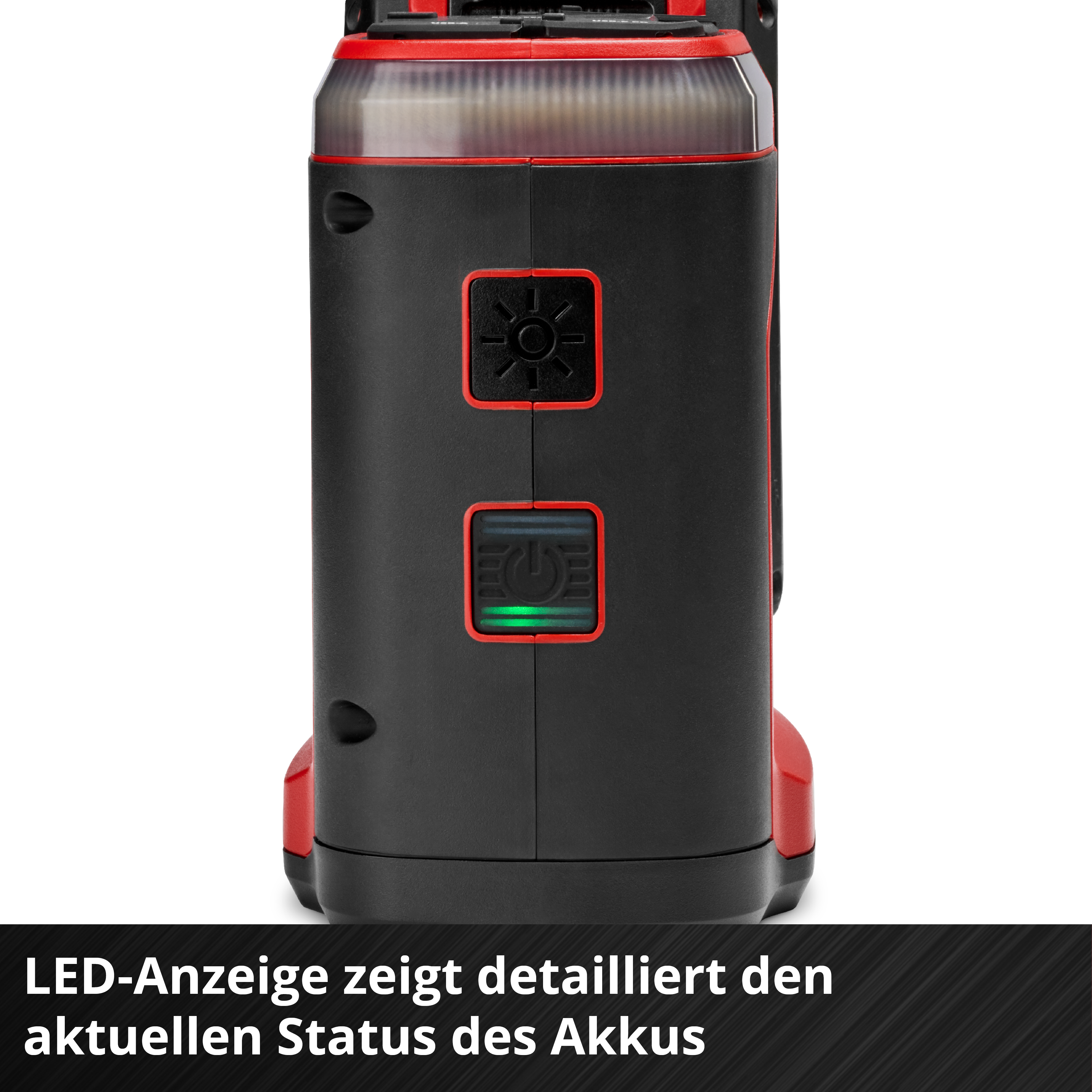 Schwarzes Werkzeug mit roten Akzenten und grüner LED-Anzeige.