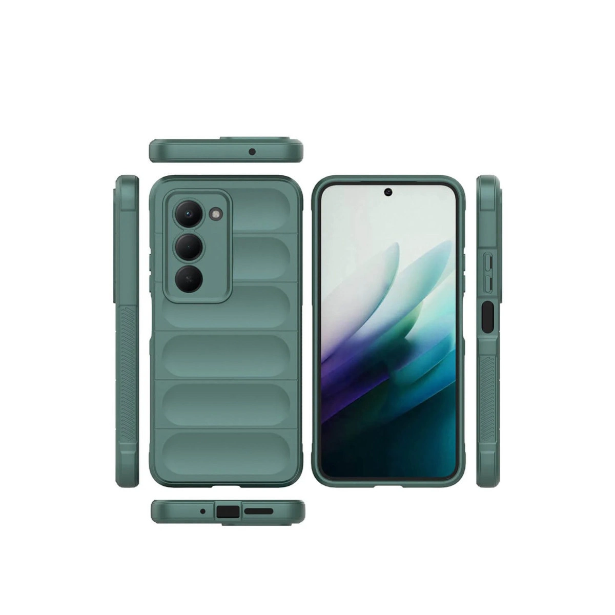 Kamera sistemli ve çizgili desenli yeşil telefon kılıfı, çoklu görünümler.