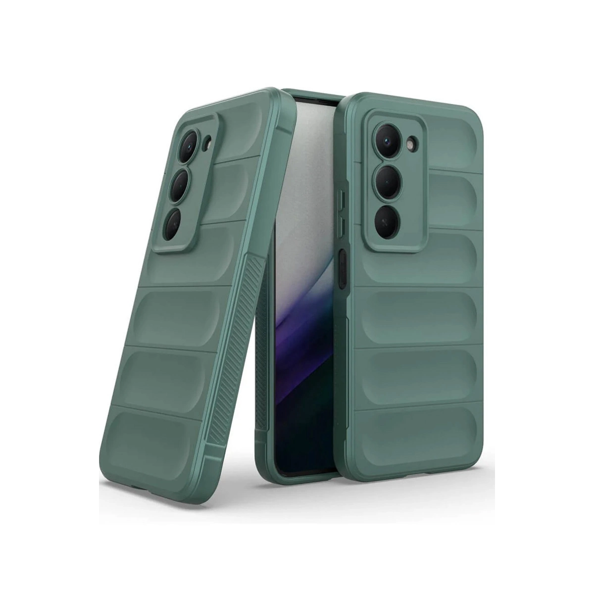 Kanallı dokulu ve kamera modüllü iki yeşil telefon kılıfı.