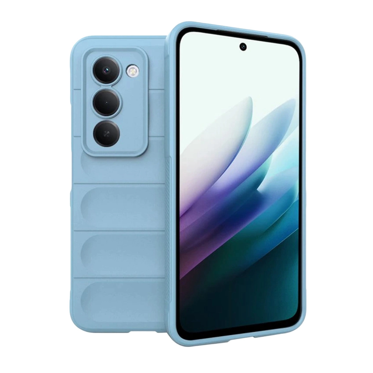 Üçlü arka kameraya ve nervürlü tasarıma sahip açık mavi telefon kılıfı.