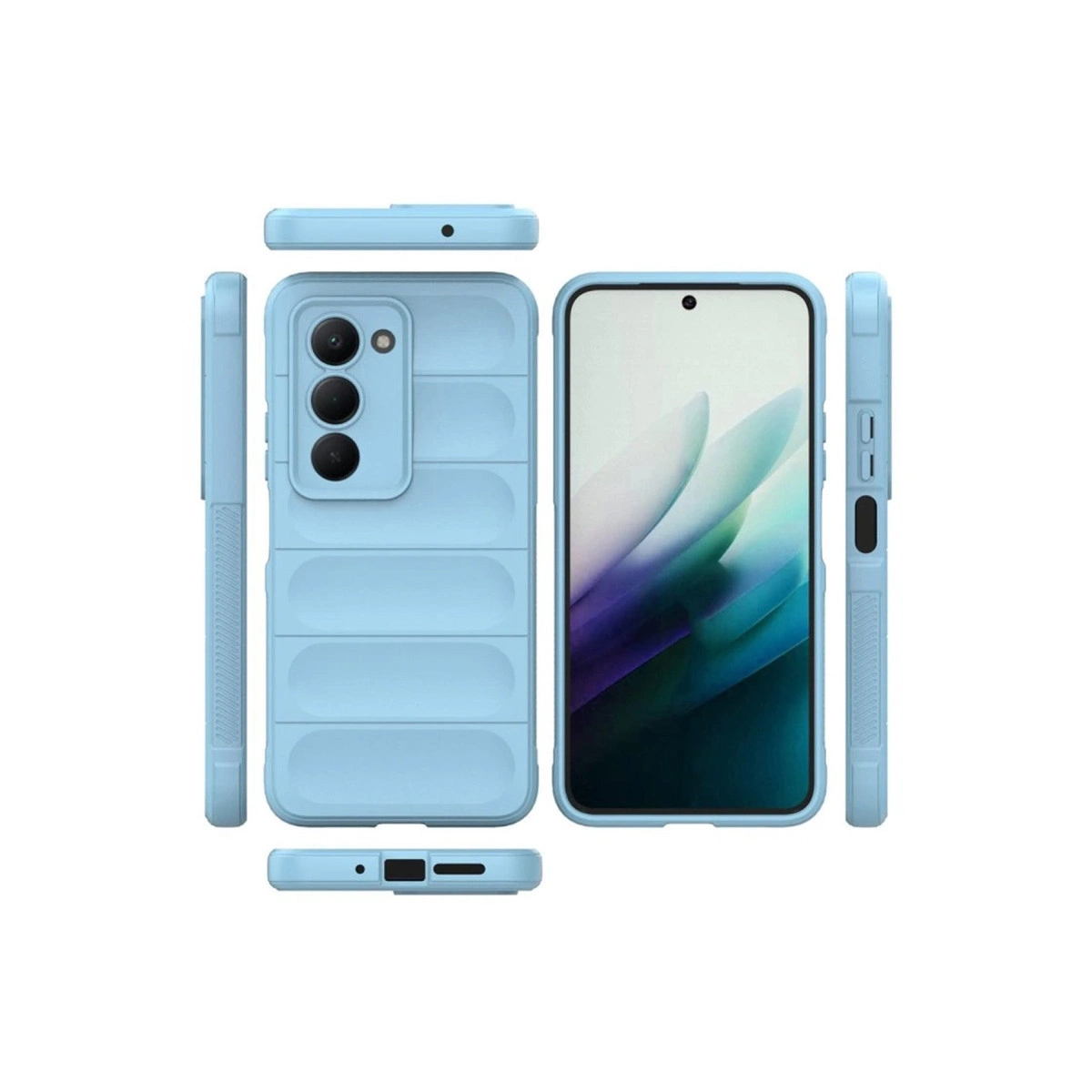 Açık mavi telefon kılıfı ön, arka, üst, alt ve yan görünümleriyle gösterilmiştir.