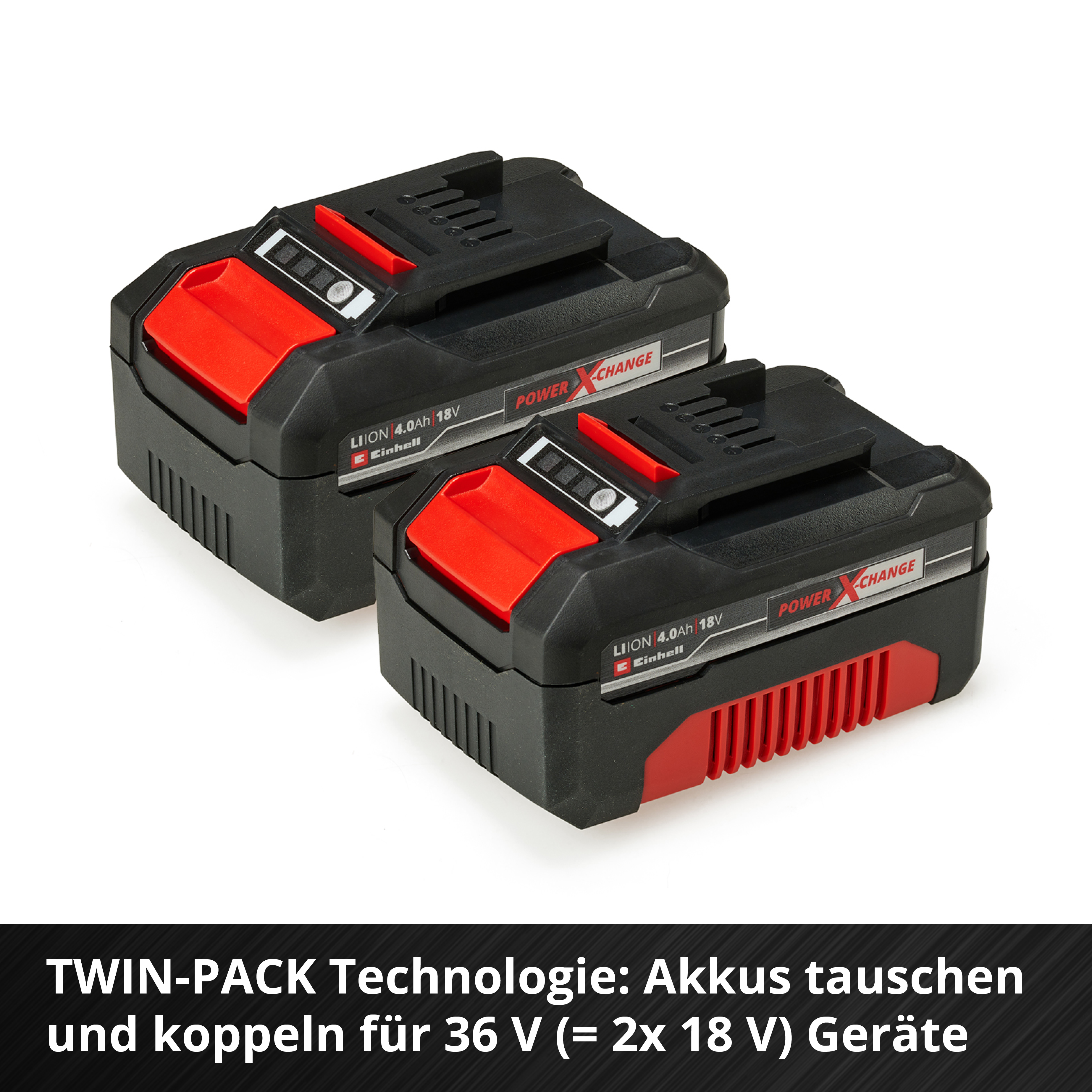 Zwei schwarze und rote 18V Akkus mit Power X-Change.