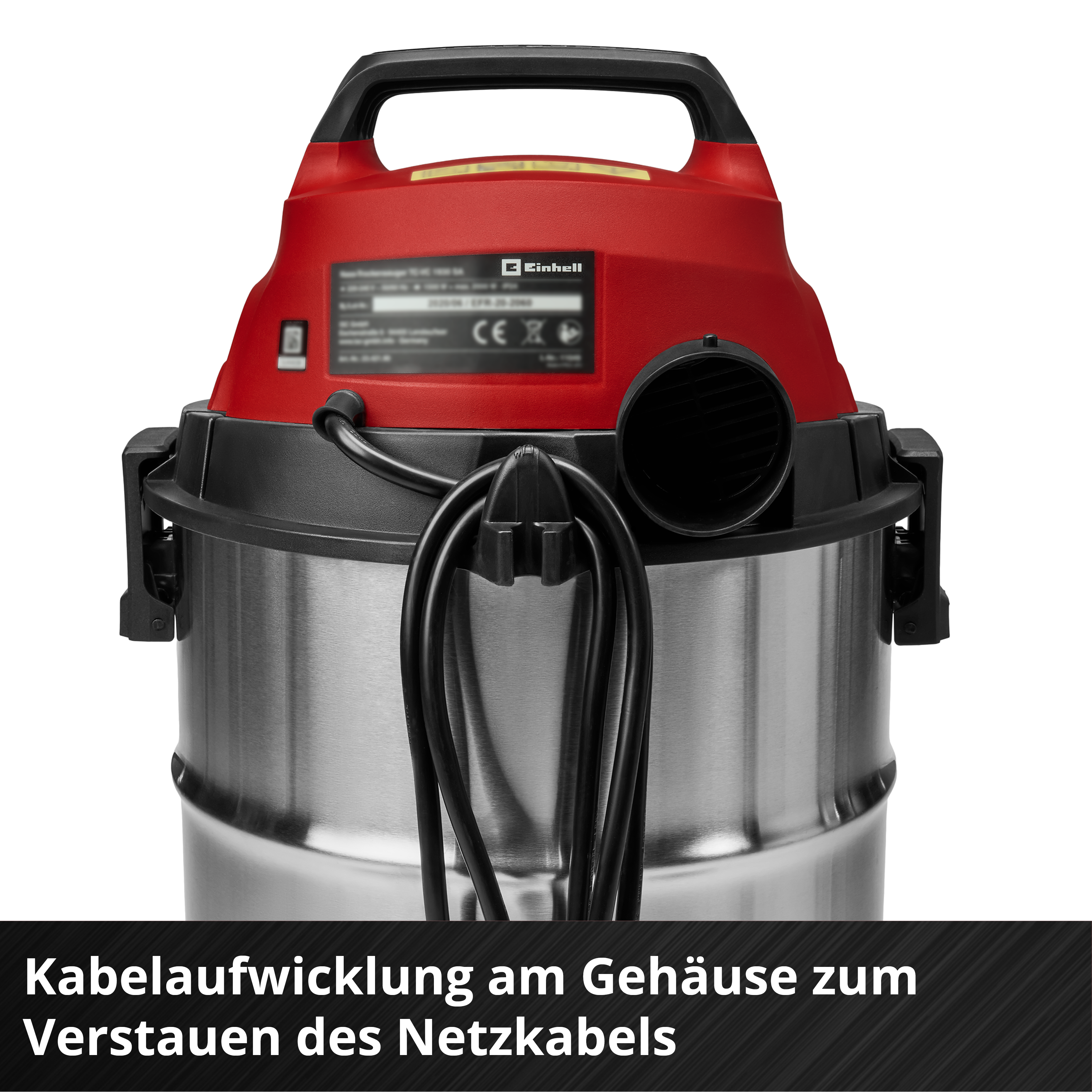 Roter Staubsauger mit Edelstahlbehälter und schwarzem Kabelwickler.