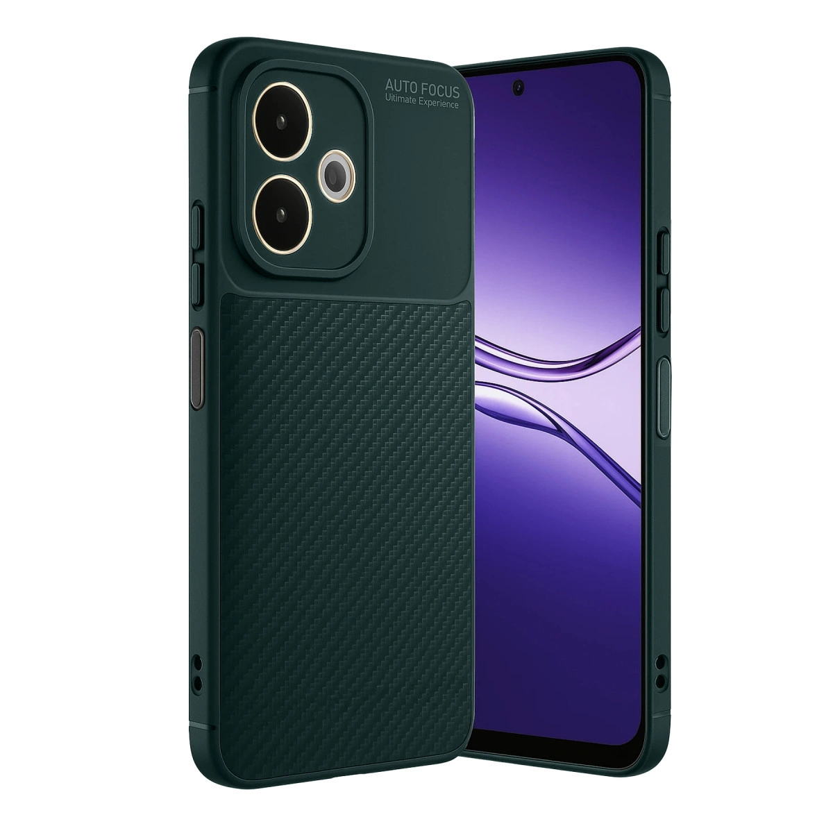Karbon desenli ve kamera alanlı koyu yeşil telefon kılıfı. Bitişik akıllı telefon.